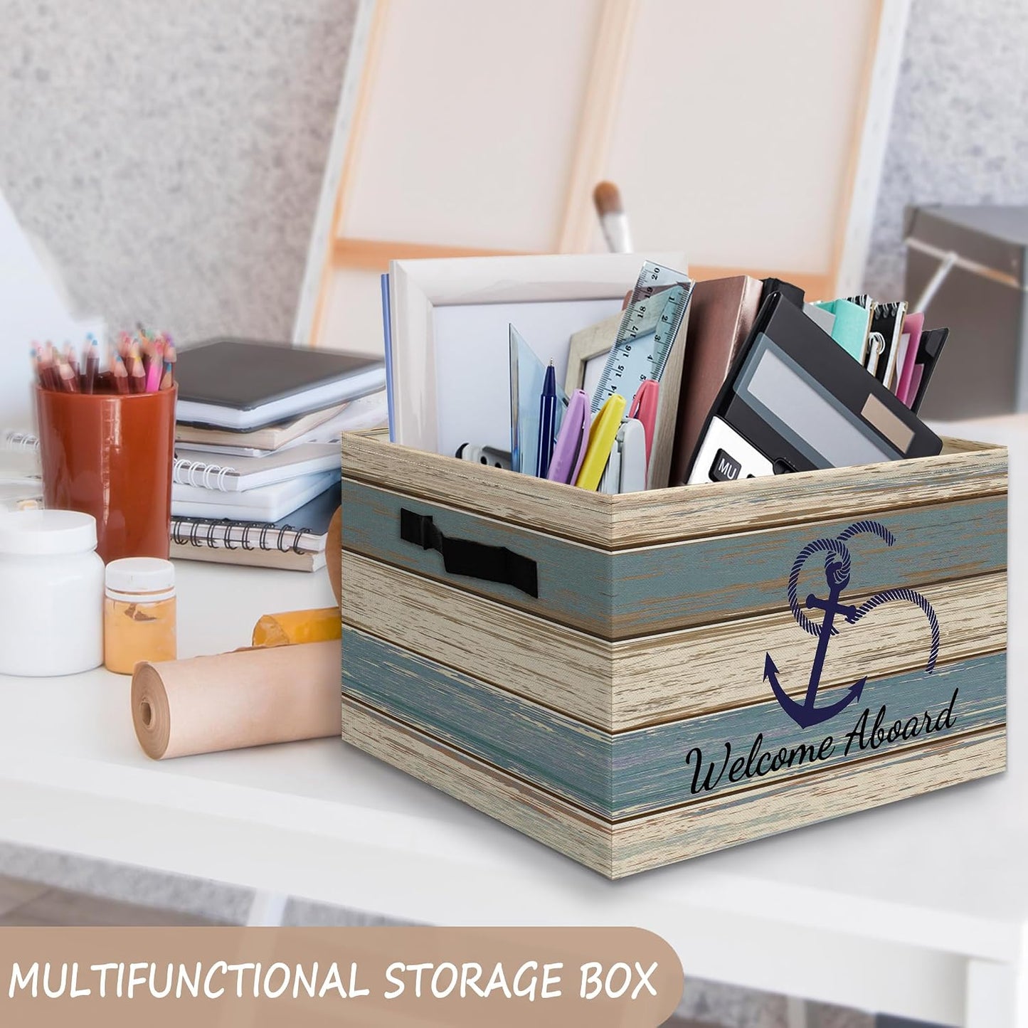 Vintage Nautical Anchor Foldable Storage Bins Box with Handles, Welcome Aboard Ocean Collapsible Organizer Basket for Home Bedroom Bathroom Clothes Toys Books