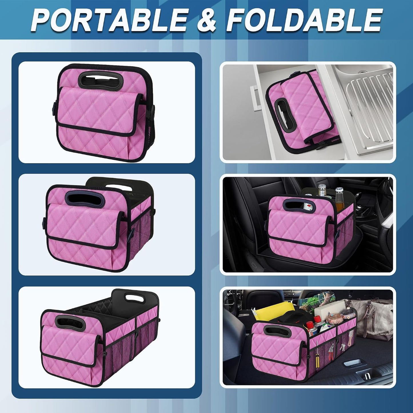 Deosk Car Trunk Organizer for SUV, Car Organizers and Storage with Reinforced Handles, Car Accessories for Women/Men 50L Waterproof Polyester Trunk Organizer(Medium,Pink)