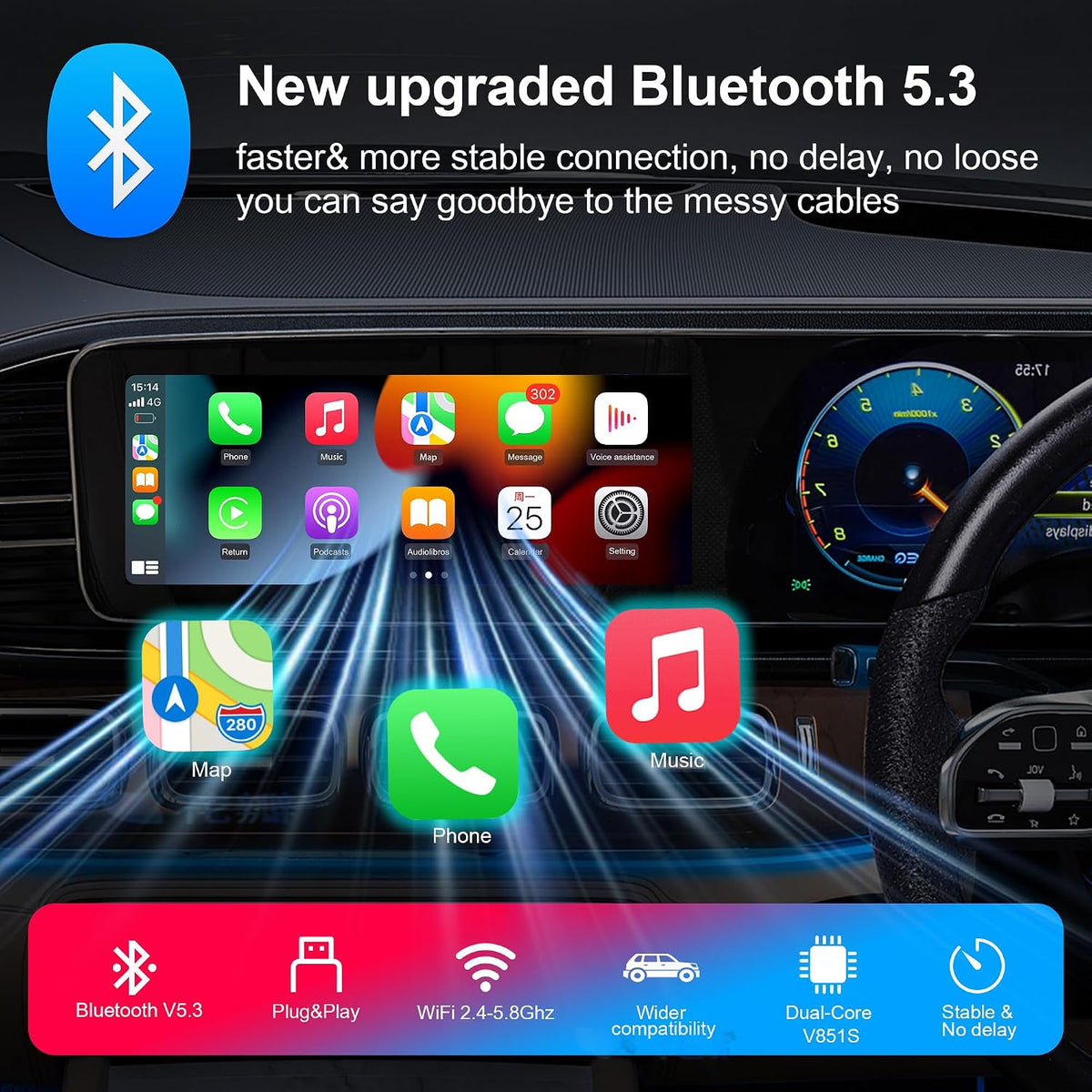 Auto-Connected Wireless Carplay Adapter for iPhone, Vesperhaze Plug&Play Carplay Wireless Adapter with BT5.3 & Dual-Band WiFi-No Latency, Stable Fit for Cars, for Apple iPhone iOS 10+,Grey