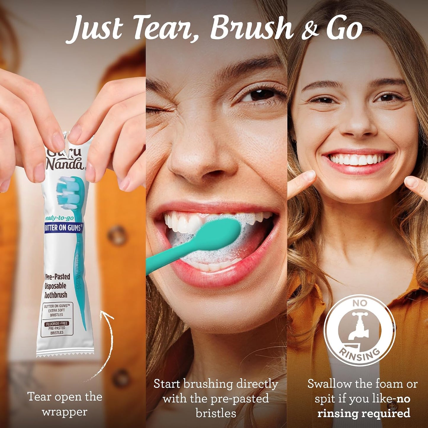 GuruNanda Mini Disposable Toothbrushes with Toothpaste & Toothpick, Prepasted Ready-to-Go Travel Toothbrush with Butter on Gums Bristles - Fluoride Free, No Rinsing, Individually Wrapped, 70 Ct