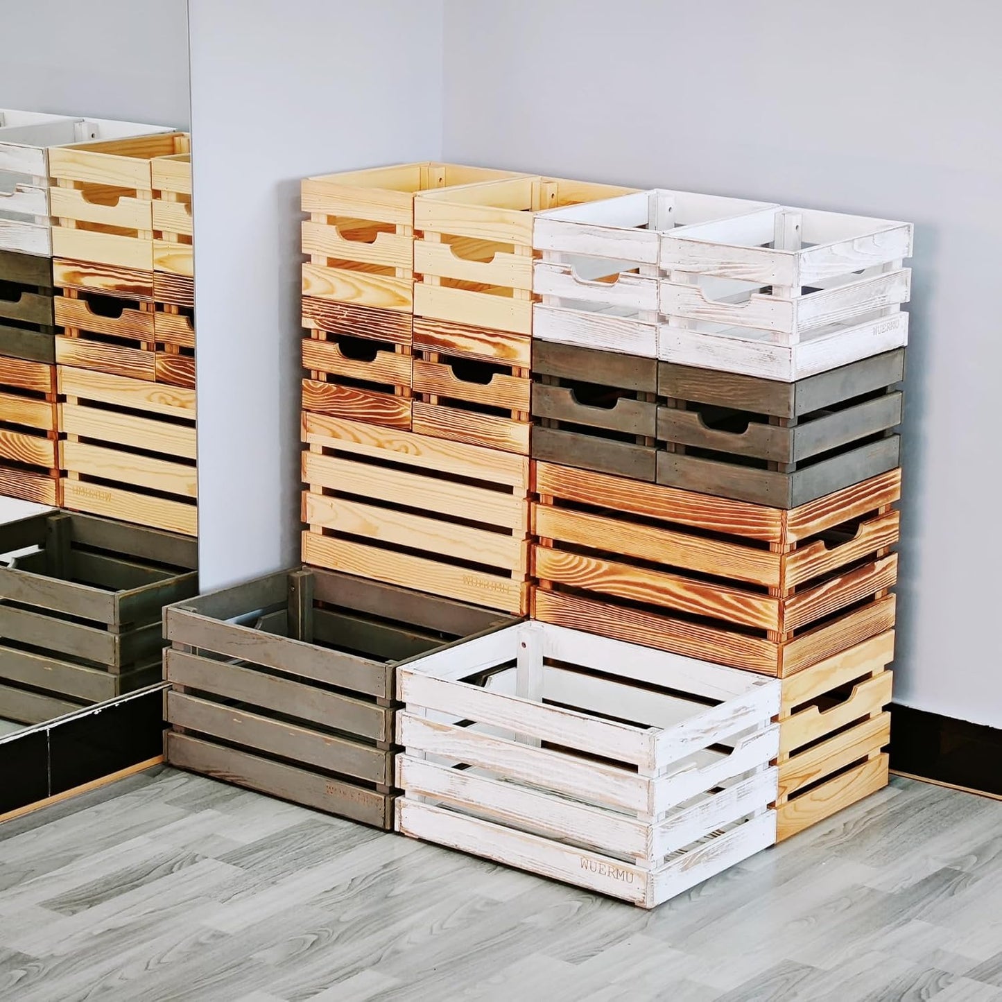 Wooden Crates, Set of 4 for Storage, Milk Crate, Wine Box, Toy Bin, Display Decor, and Camping, 12.2 Inch Sturdy Multi-Purpose Wood Boxes.