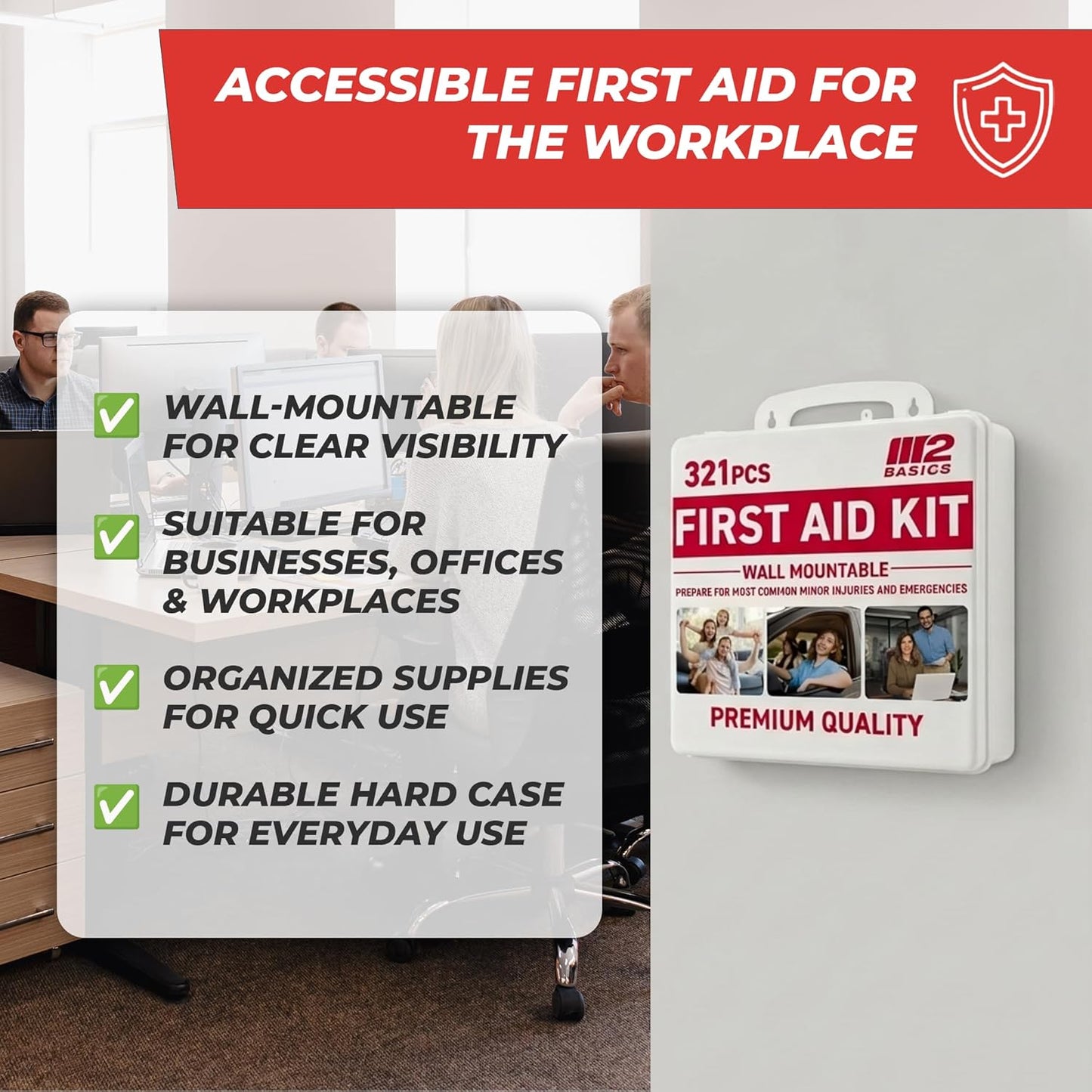 M2 BASICS 321 Piece Premium First Aid Kit, w/Hard Case for Home, Business | Office, Workplace, Warehouse, Vehicle, Jobsite, Garage, Family, Classroom, School, Kitchen, RV And Emergency Readiness