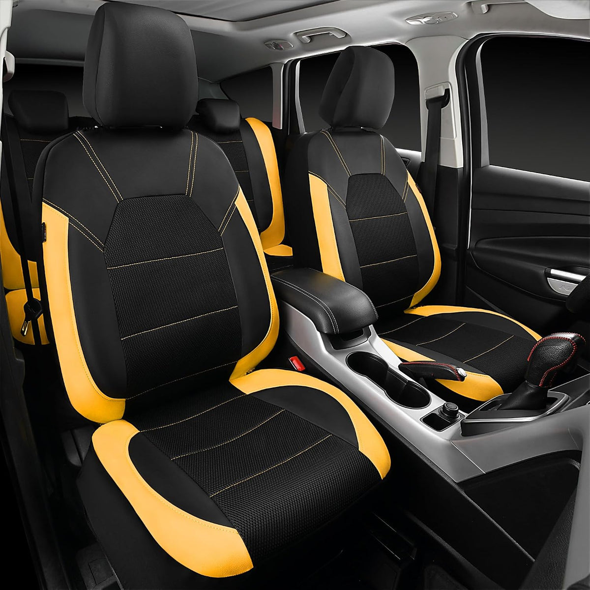 CAR PASS Leather Seat Covers, Breathable Universal Car Seat Cover Full Set for Cute Women Girly,5mm Composite Sponge Inside,Airbag Compatible Fits Most Auto,SUVs,Trucks,Vans(Full Set,Black&Yellow)