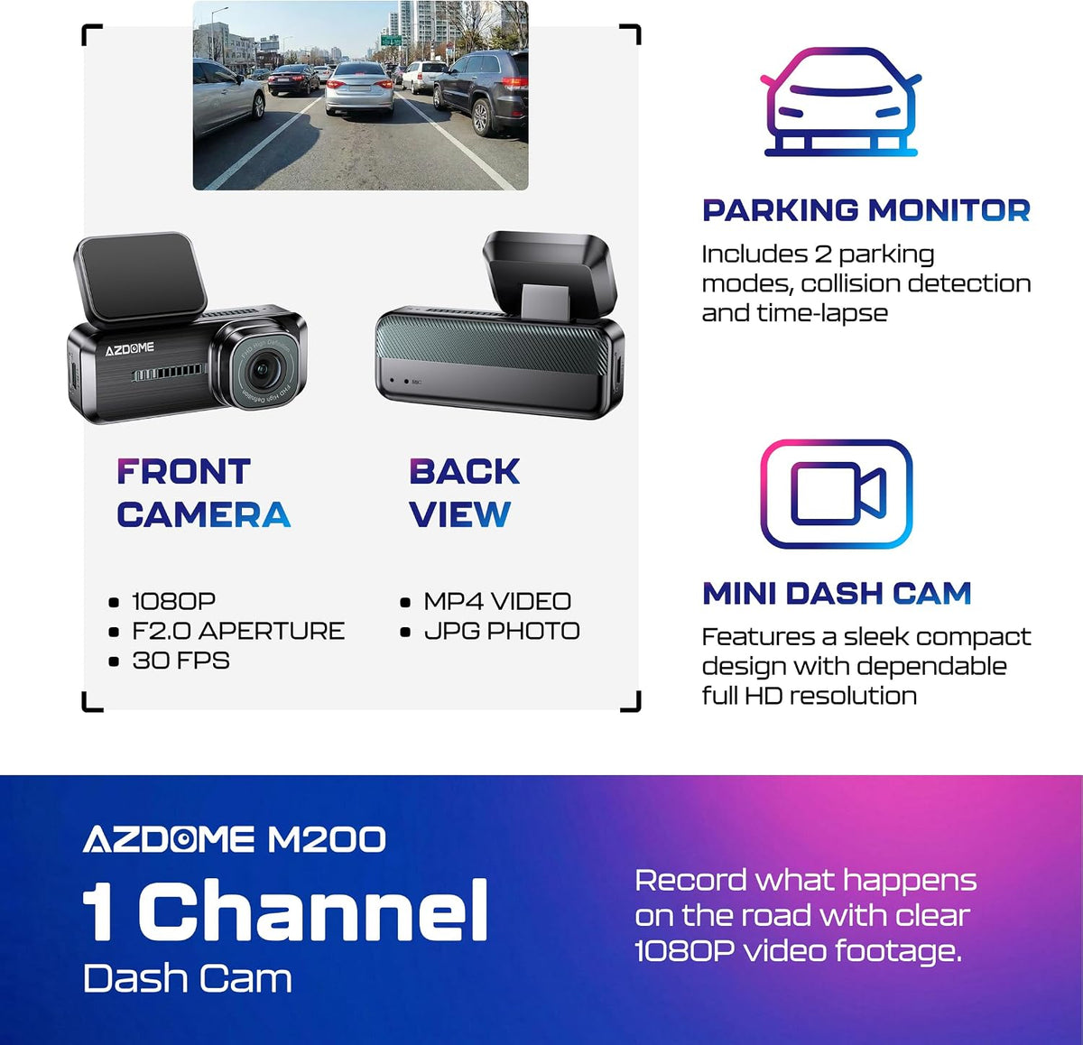 AZDOME M200 Mini Dash Cam WiFi Dashcam - Single Channel Dash Cam for Broad Road Coverage - Built-in WiFi - Full HD Resolution - Parking Monitor - App Connectivity - Collision Detection - Night Vision
