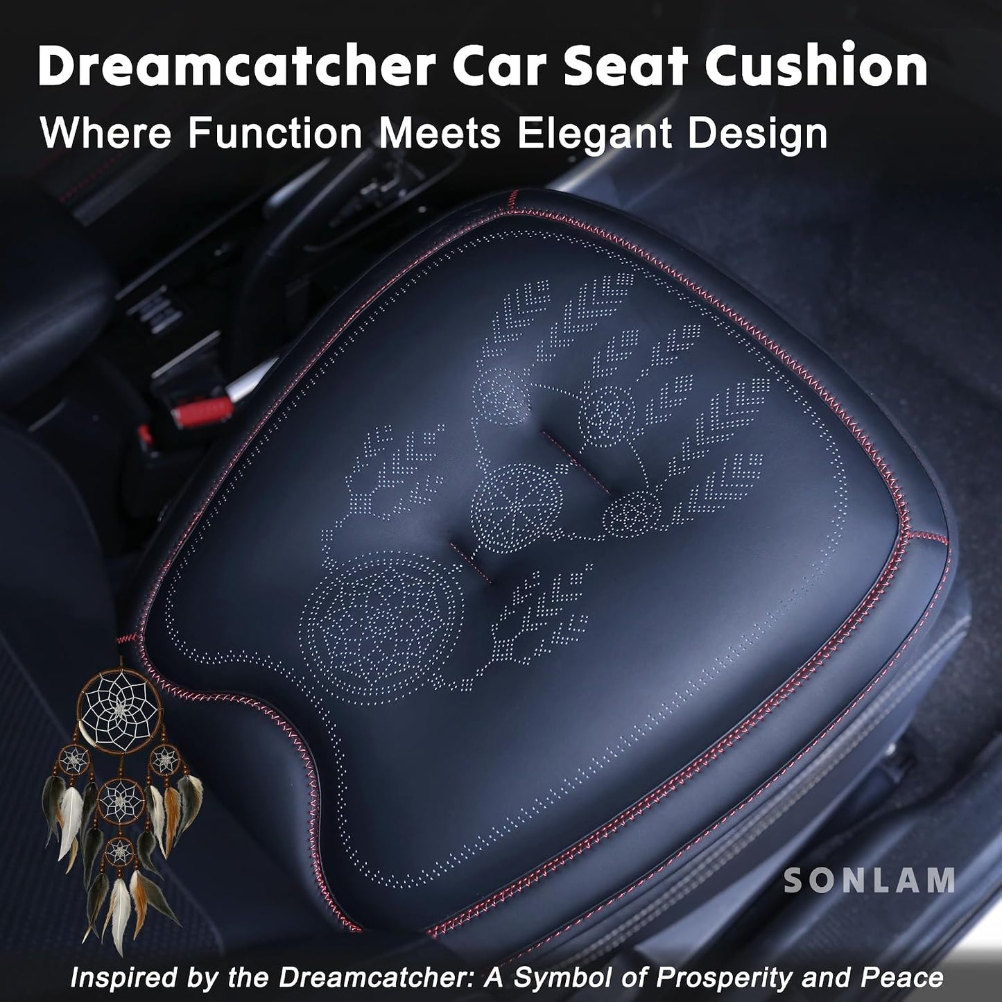 Comfort Dreamcatcher Car Seat Cushion Non-Slip - Relaxing, Optimal Support & Posture for Long Drive (14. Front Seats (Black with Red))