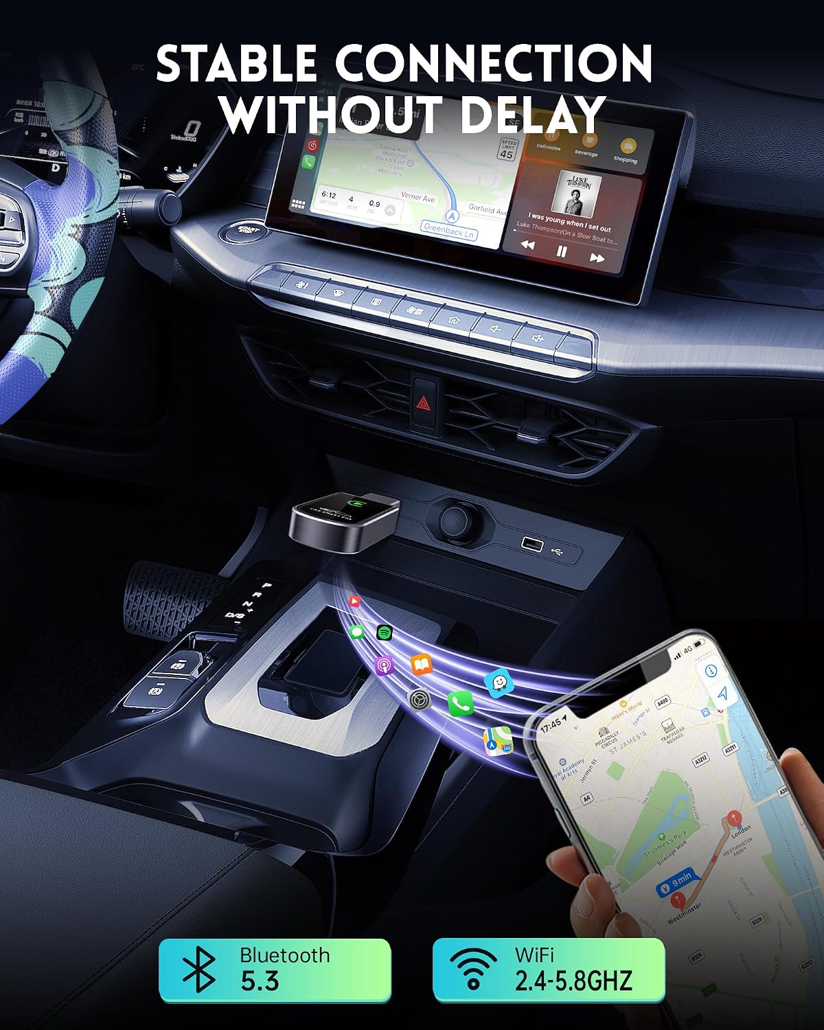 Amzfeel Wireless Carplay Adapter for iPhone, Mini Bluetooth Dongle Convert Factory Wired to Wireless Apple Car Play Plug & Play, Low Latency, GPS for iOS 10+ & Cars 2015+ (Brushed Glossy Grey)