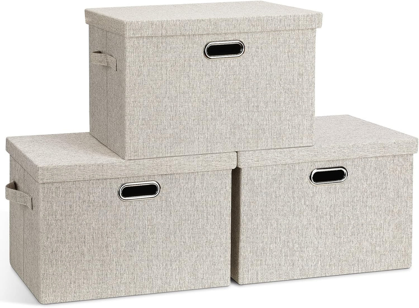Graciadeco Large Quart Collapsible Stackable Storage Bins with Lids, 3 Packs Beige Linen Fabric Closet Boxes with Lids, Storage Cube Baskets Container Organizers for Bedroom Office(16.6 x 11.7 x 10.8)