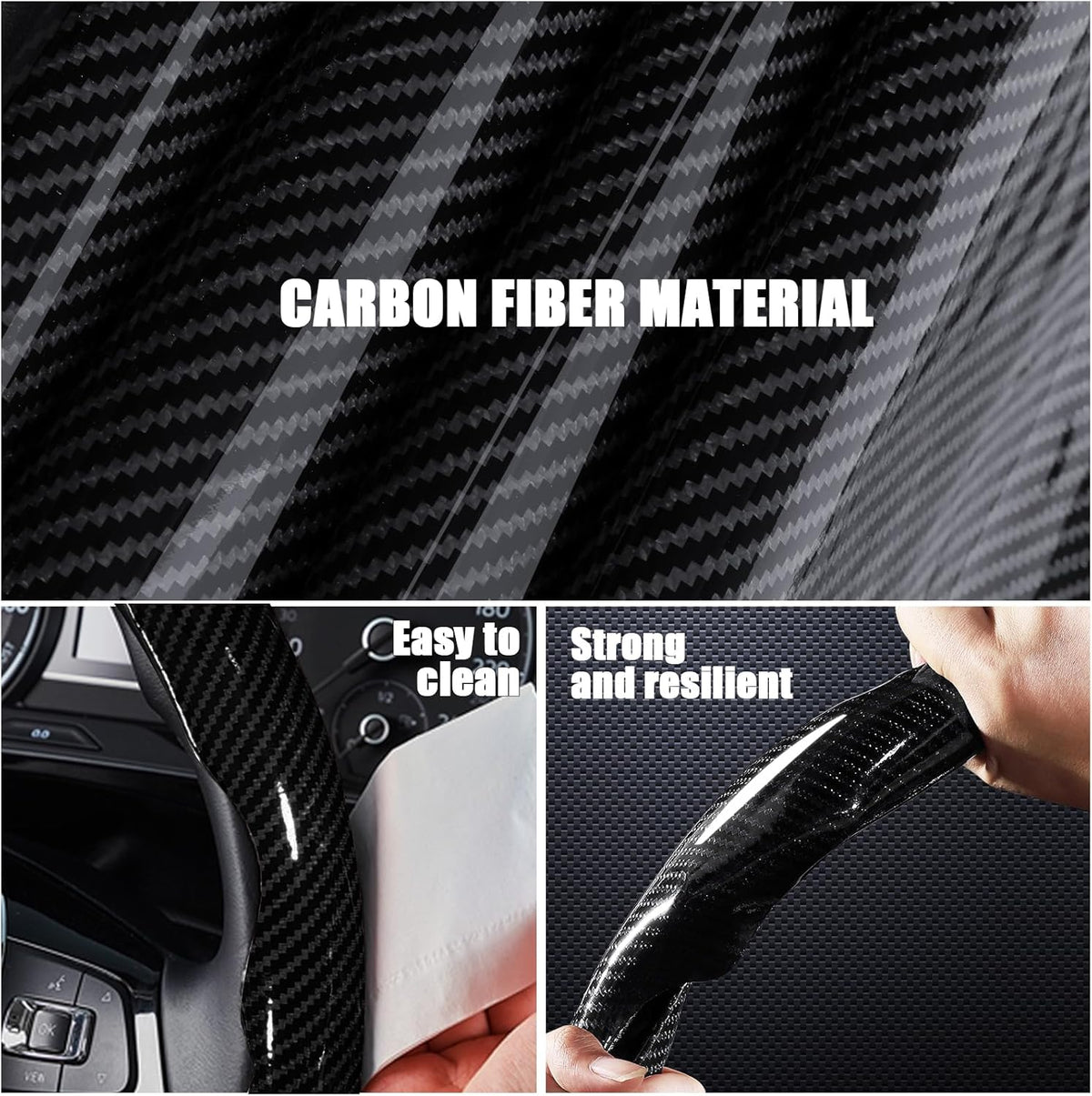Carbon Fiber Steering Wheel Covers 3 Piece Clip on Steering Wheel Cover (Black)