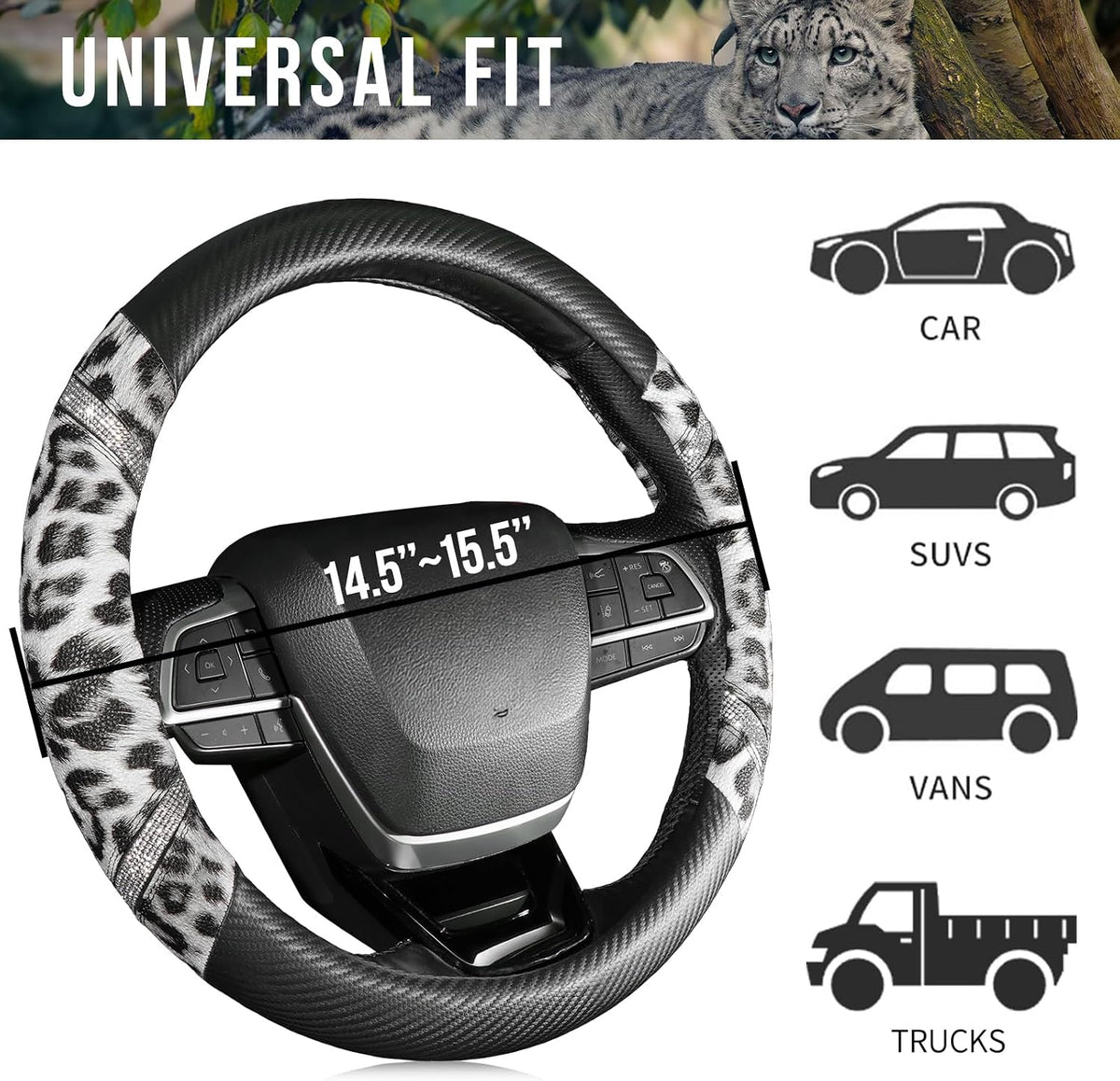 Rhinestones Leopard Leather Car Steering Wheel Cover-Black&White
