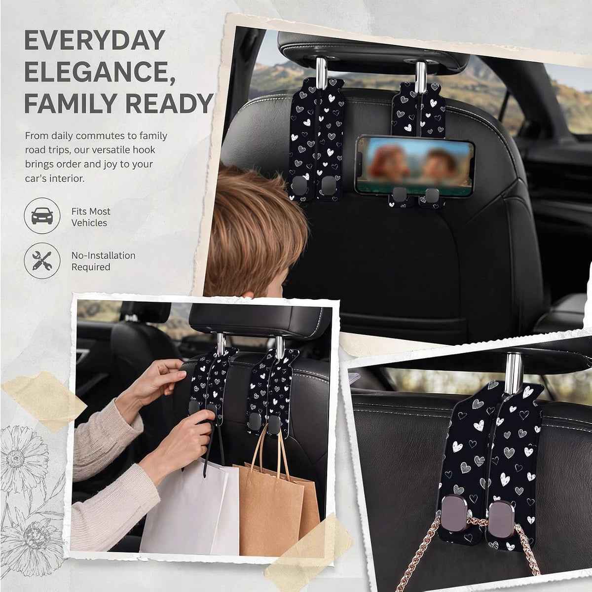 Car Purse Hook Purse Hook for Car Seats Headrest Car Seat Hook, Universal Cute Car Hanger Holder, Car Interior Accessories for Handbags Black Cute Heart