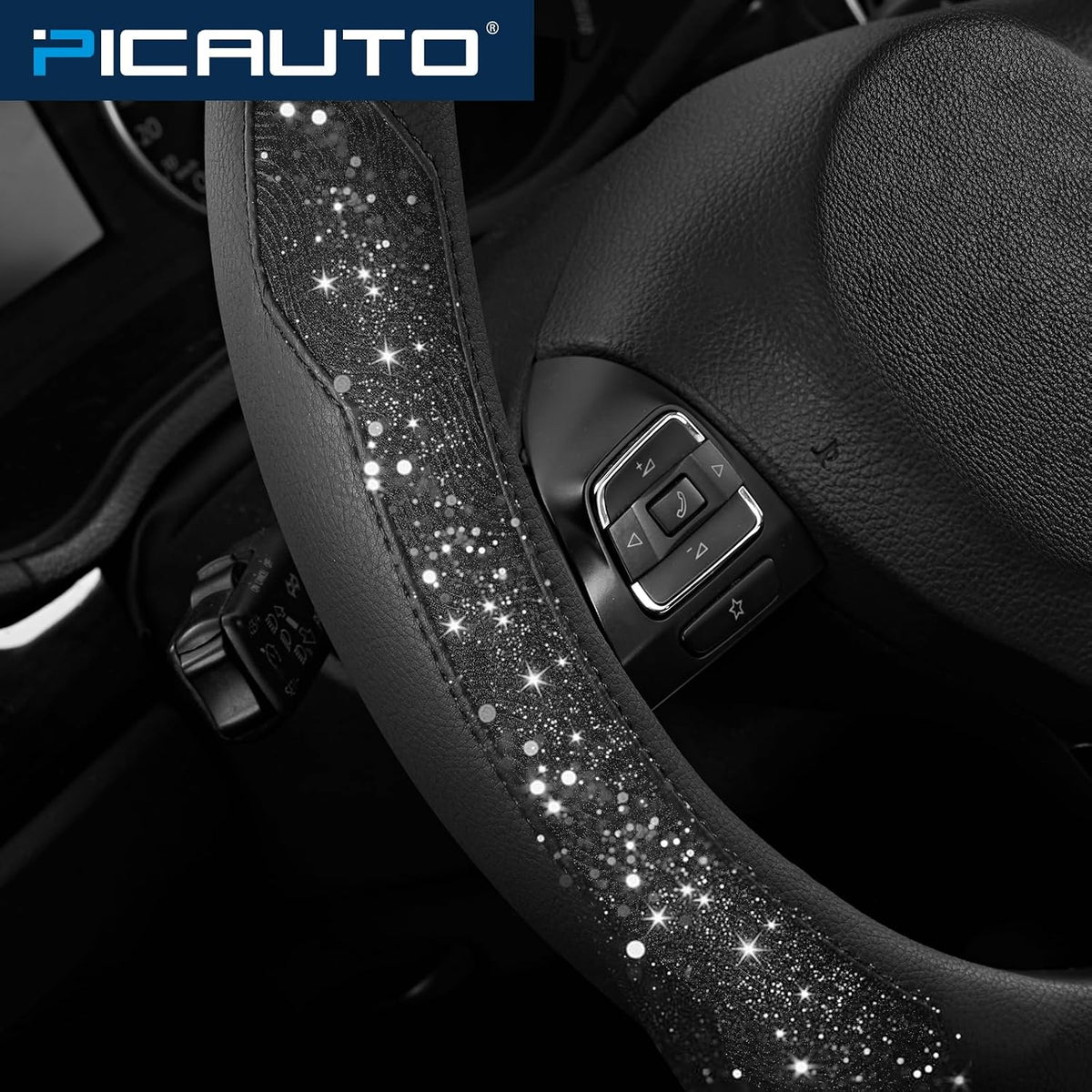 PIC AUTO Steering Wheel Cover, Black Sparkly Crystal Bling Glitter with Leather, Universal Fit 14.5"-15.5" Car Steering Wheels for Girls & Women, Anti-Slip Wheels Cover for Cars, Trucks, Van, SUVs