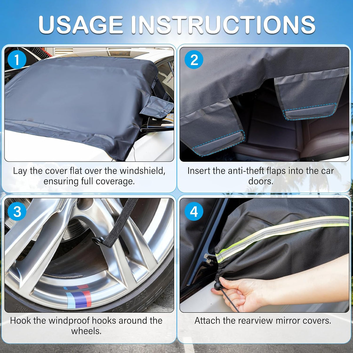 Instraella Windshield Cover for Ice and Snow, All-Season Car Windshield Cover with Heavy Duty Oxford Fabric, Windproof Front Window Protector Sun Shade with Mirror Covers for Cars, SUVs and Trucks