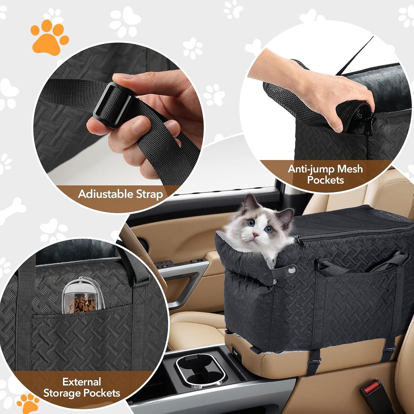 Center Console Dog Car Seat for Small Dogs Cats (Up to 15 lbs) - Washable, Foldable Pet Booster Seat with Safety Hooks, Adjustable Straps &amp; Storage Pocket
