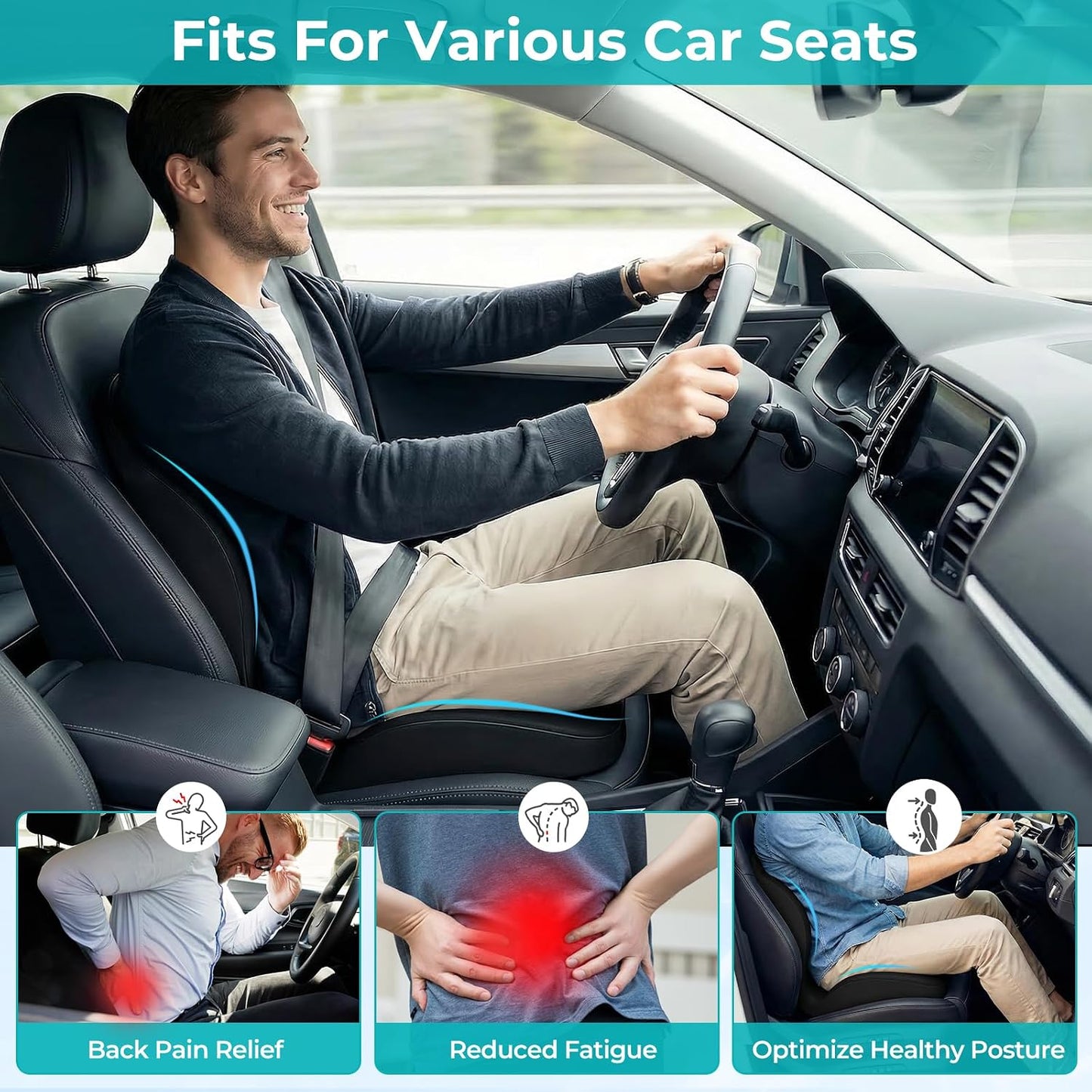 Memory Foam Seat Cushion with Lumbar Support Pillow for Truck Driver, Ergonomic L-Shaped Car Seat Cushion for Tailbone Pressure Relief, Non-Slip Chair Pad for Long Driving, Black