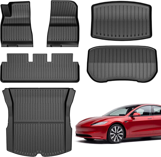 YITAMOTOR Floor Mats Fit for 2024 2025 2026 Tesla Model 3 Highland, 6PCS Full Cover Car Mats with Front/Rear/Cargo Liners, TPE All-Weather Custom Fit Anti-Slip Interior Accessories