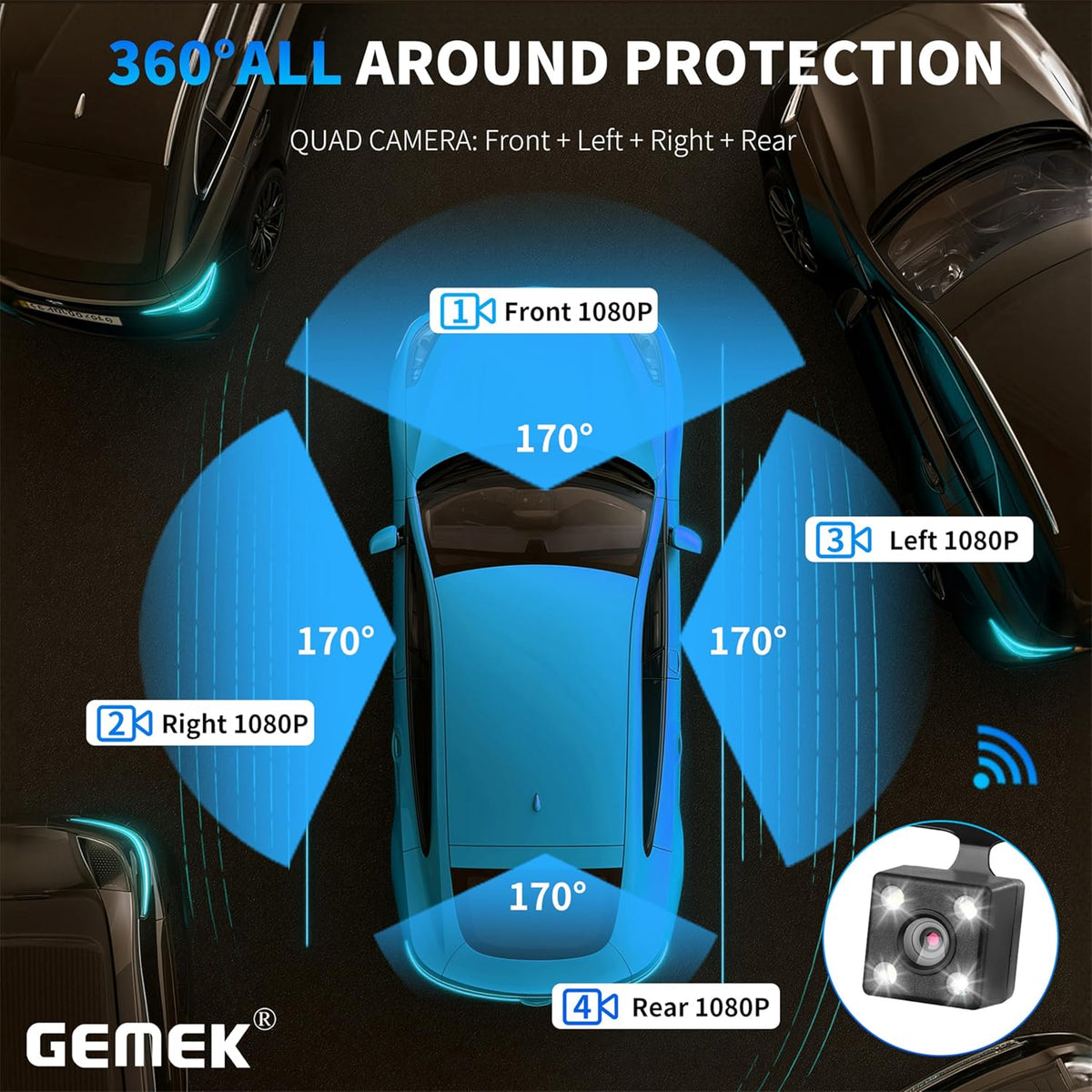 360 Degree View 4 Channel Dash Cam 5G WiFi & App Control, GEMEK 2K Front and Rear Inside, Left and Right Dash Camera for Cars, Free 64GB TF Card, G-Sensor, Night Vision, 24 Hour Parking