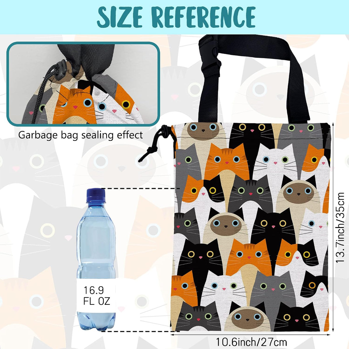 Car Trash Bag Cute Cartoon Cats Leak-Proof Waterproof Car Garbage Bag with Drawstring Foldable Canvas Trash Bin with Adjustable Buckle for Car Accessories, Travelling, Camping