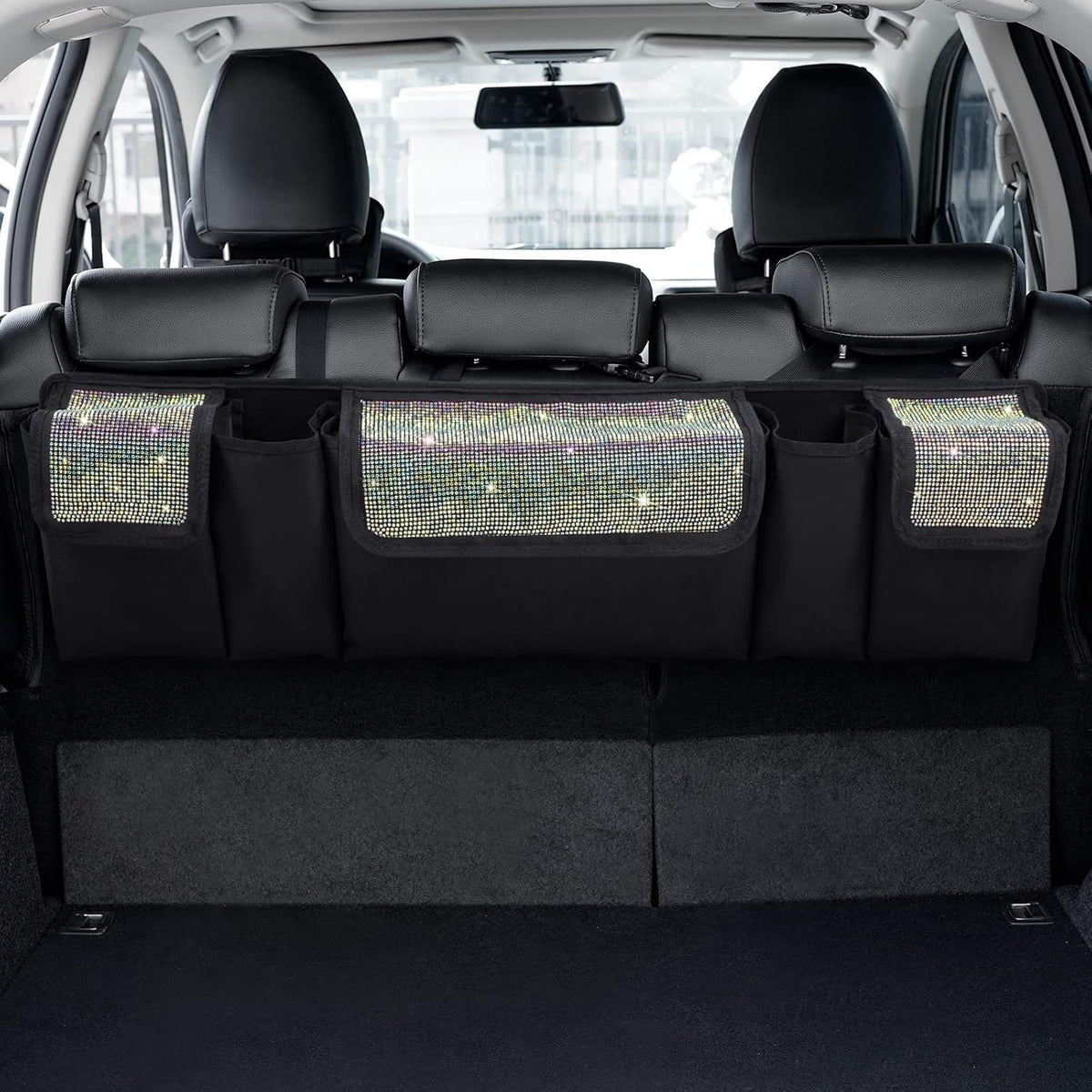 eing Car Trunk Organizer and Storage, Backseat Hanging Organizer for SUV, Truck, MPV, Waterproof, Collapsible Cargo Storage Bag with 5 Pockets, Bling Car Interior Accessories for Women,Multicolor