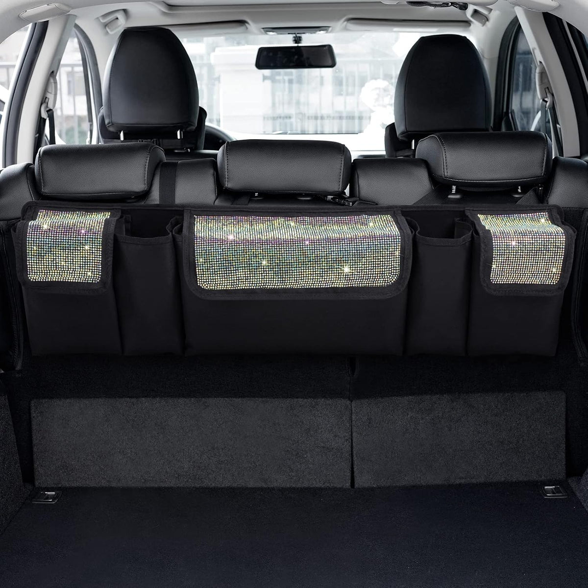 eing Car Trunk Organizer and Storage, Backseat Hanging Organizer for SUV, Truck, MPV, Waterproof, Collapsible Cargo Storage Bag with 5 Pockets, Bling Car Interior Accessories for Women,Red