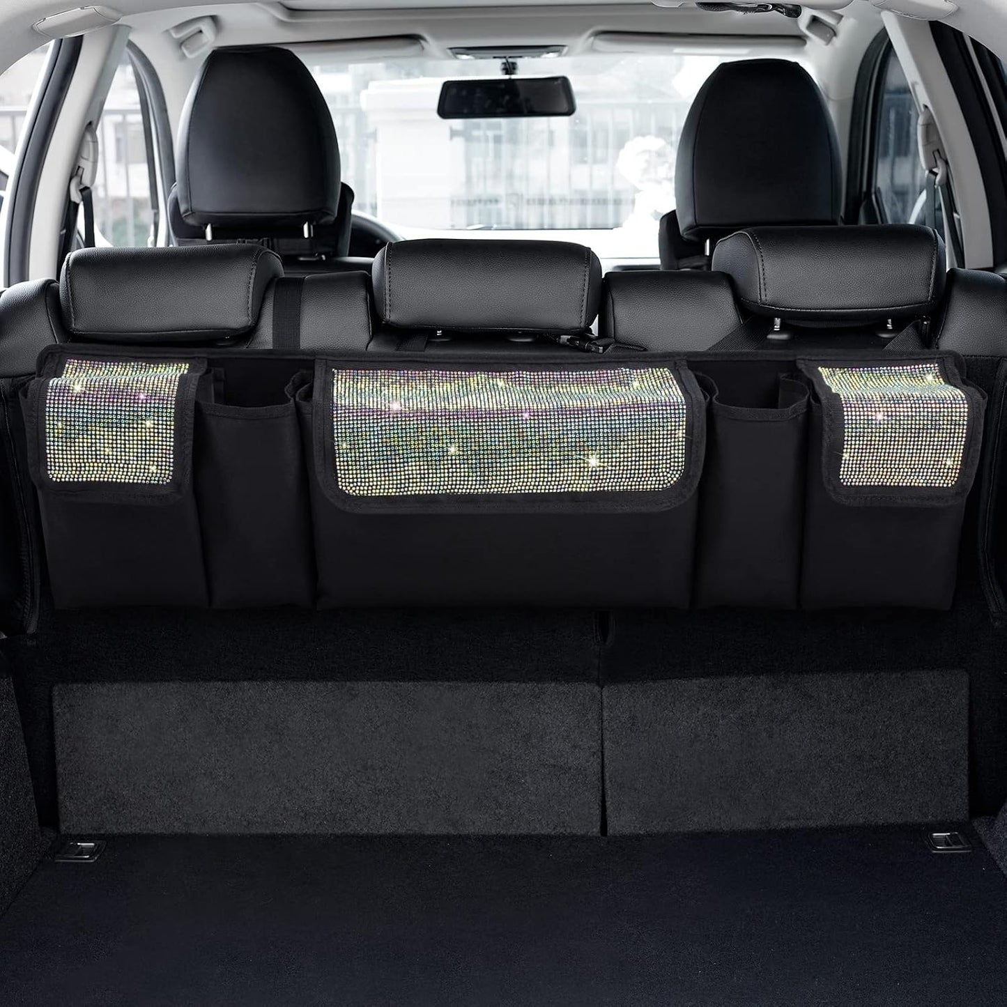 eing Car Trunk Organizer and Storage, Backseat Hanging Organizer for SUV, Truck, MPV, Waterproof, Collapsible Cargo Storage Bag with 5 Pockets, Bling Car Interior Accessories for Women,White