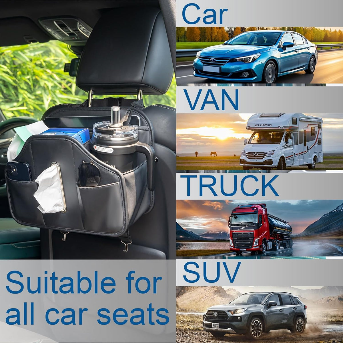 Multifunctional Car Tissue Holder,Back Seat Organizer with Cup Holder,PU Leather Car Headrest Seat Back Storage,Snack Organizers for Kids,Large Tissue Box Cover Fit Kleenex Tissues(50-230ct)