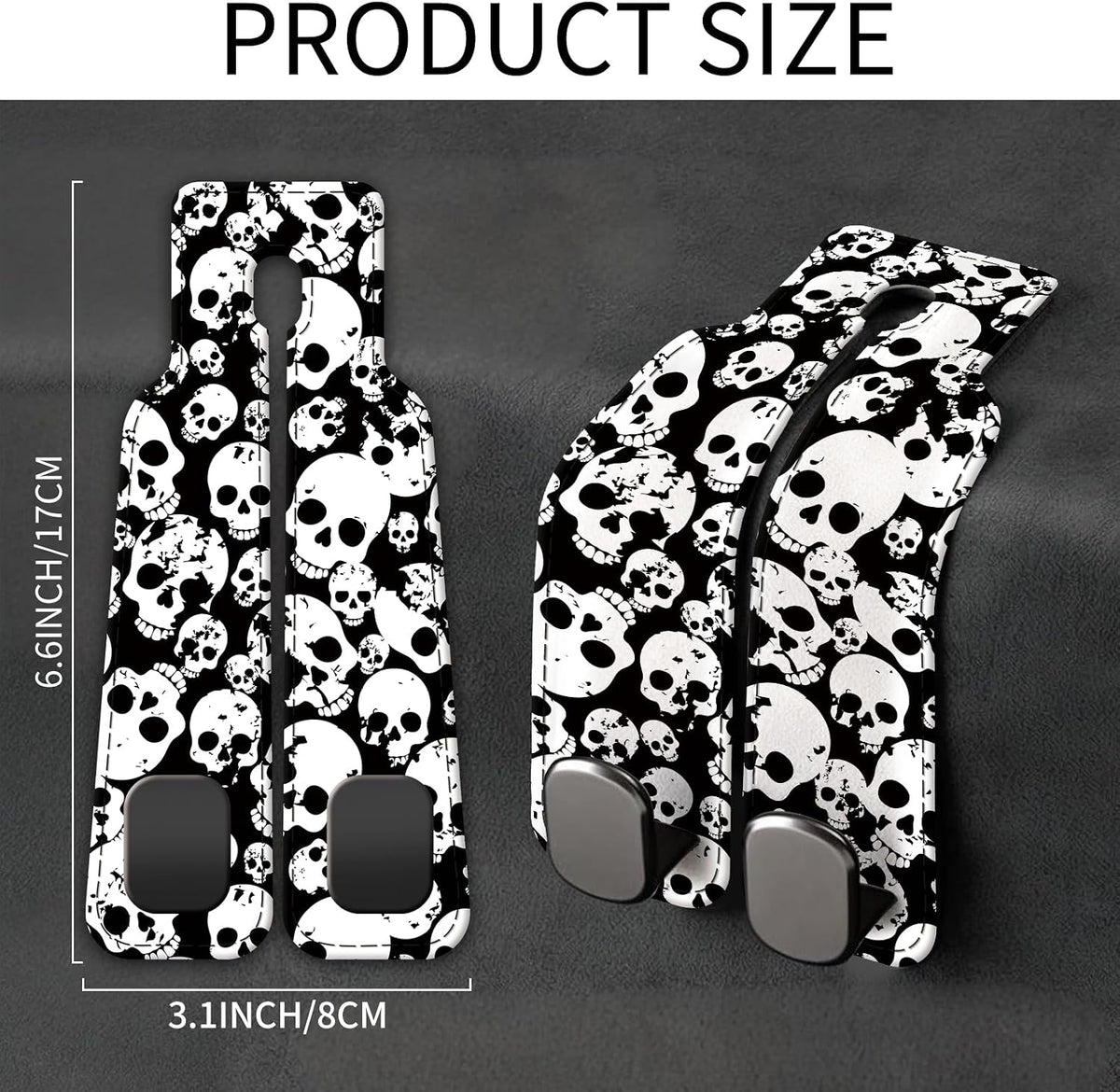 Car Seat Back Storage Headrest Hook, Premium Leather Double Metal Hook, Hanger Storage Organizer for Purse Cloth Bag, Car Interior Accessories Black White Skulls