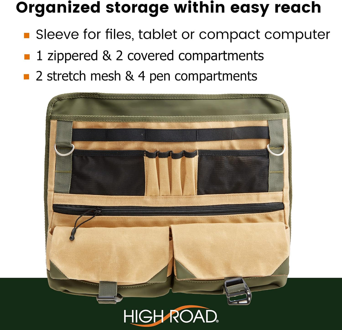 High Road Front Seat Organizer with Laptop Sleeve, Filing, Electronic and Work Supply Compartments, 12 pocket Car Office Passenger Seat Organizer