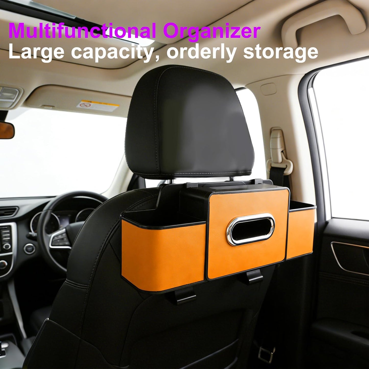 Amooca Back Seat Car Organizer, 4+2 in 1 Multifunctional Car Backseat Storage Box with 5 Cup Holders Tissue Box Hook, Car Interior Storage for Travel Phones Snacks Drinks(Orange)