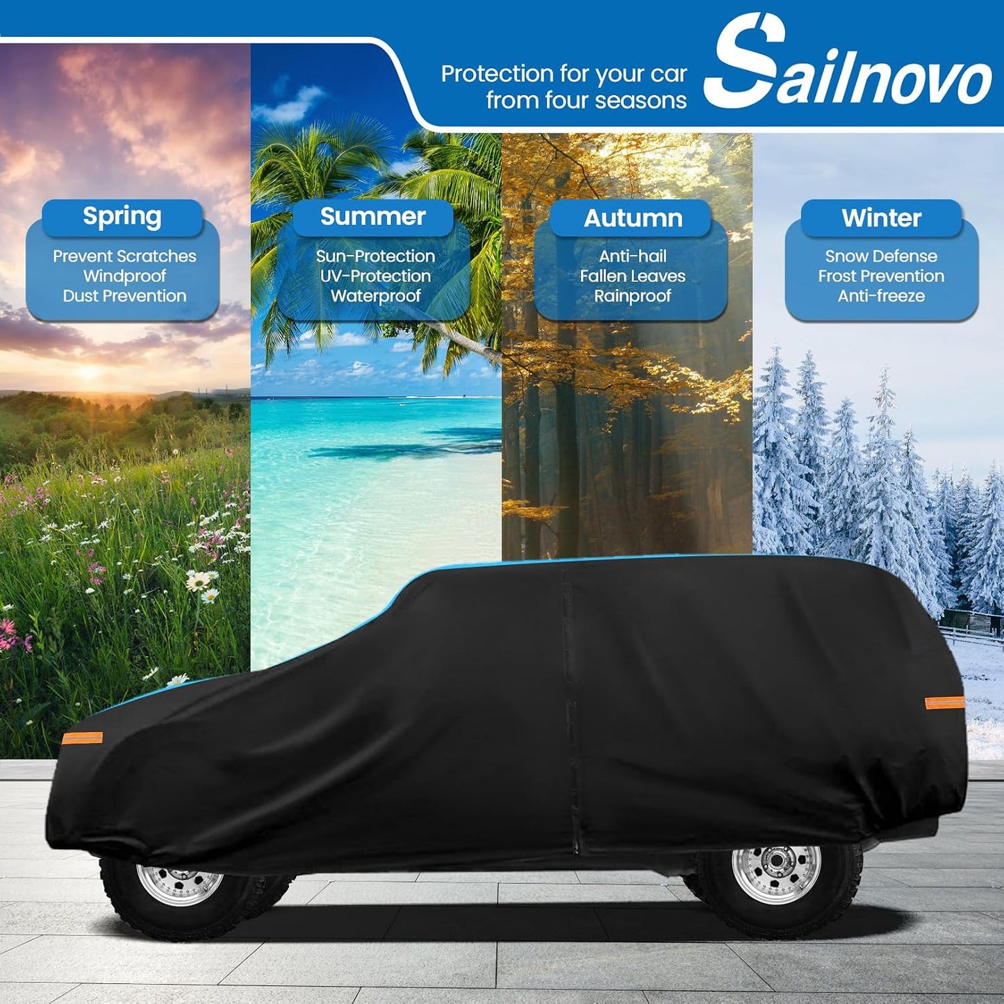 Sailnovo Car Cover Jeep Cover Waterproof 4 Door Fit for Jeep Wrangler 4 Doors 2006-2023 JK JL All Weather Sun Rain Snow Wind Hail Protection Outdoor with Door Zipper, Cotton Lining, Reflective Strip