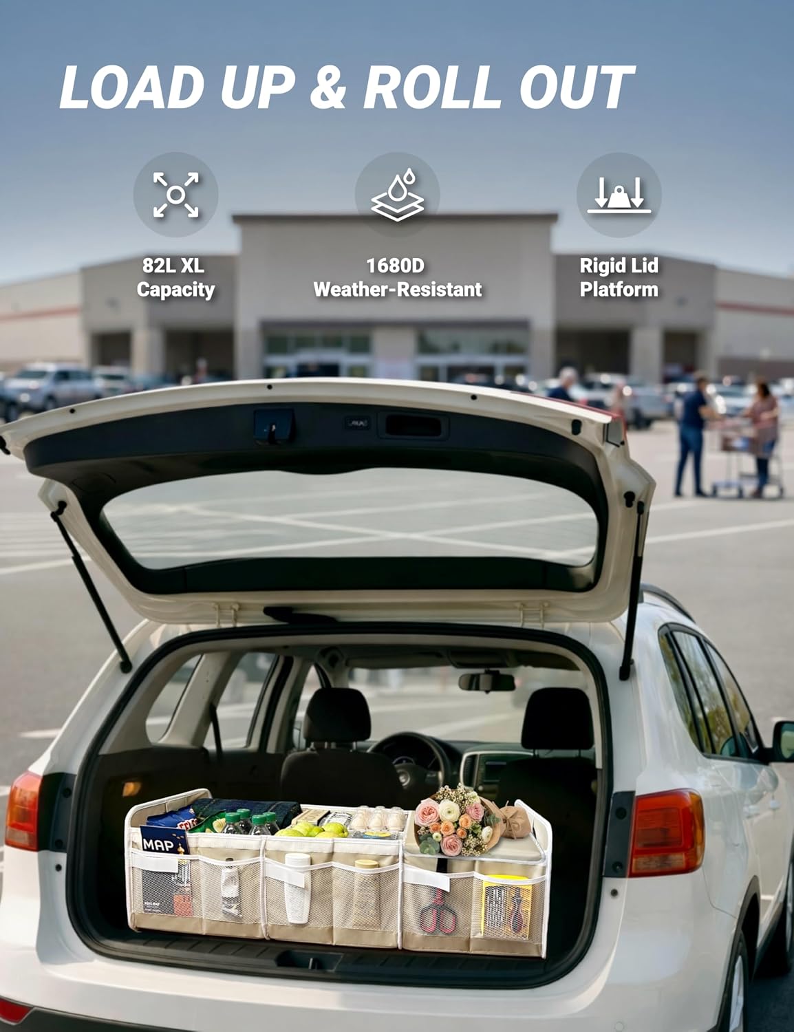 Car Trunk Organizer with Removable Lid for SUV (XL, Beige) | 1680D Wipe-Clean Fabric & 3.5mm PP Board. Collapsible Car Basket Features Dual Non-Slip Metal Hooks & 2x Adjustable Straps