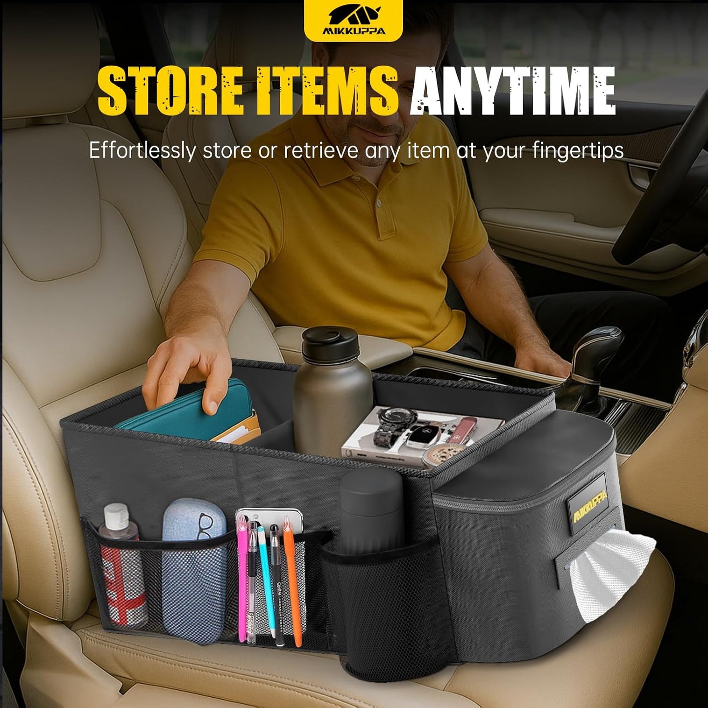 MIKKUPPA Car Seat Organizer - Front Passenger &amp; Backseat Organizer with Tissue Box &amp; Cup Holder, Car Seat Storage Box with Mesh Pockets, Road Trip Essentials for Kids