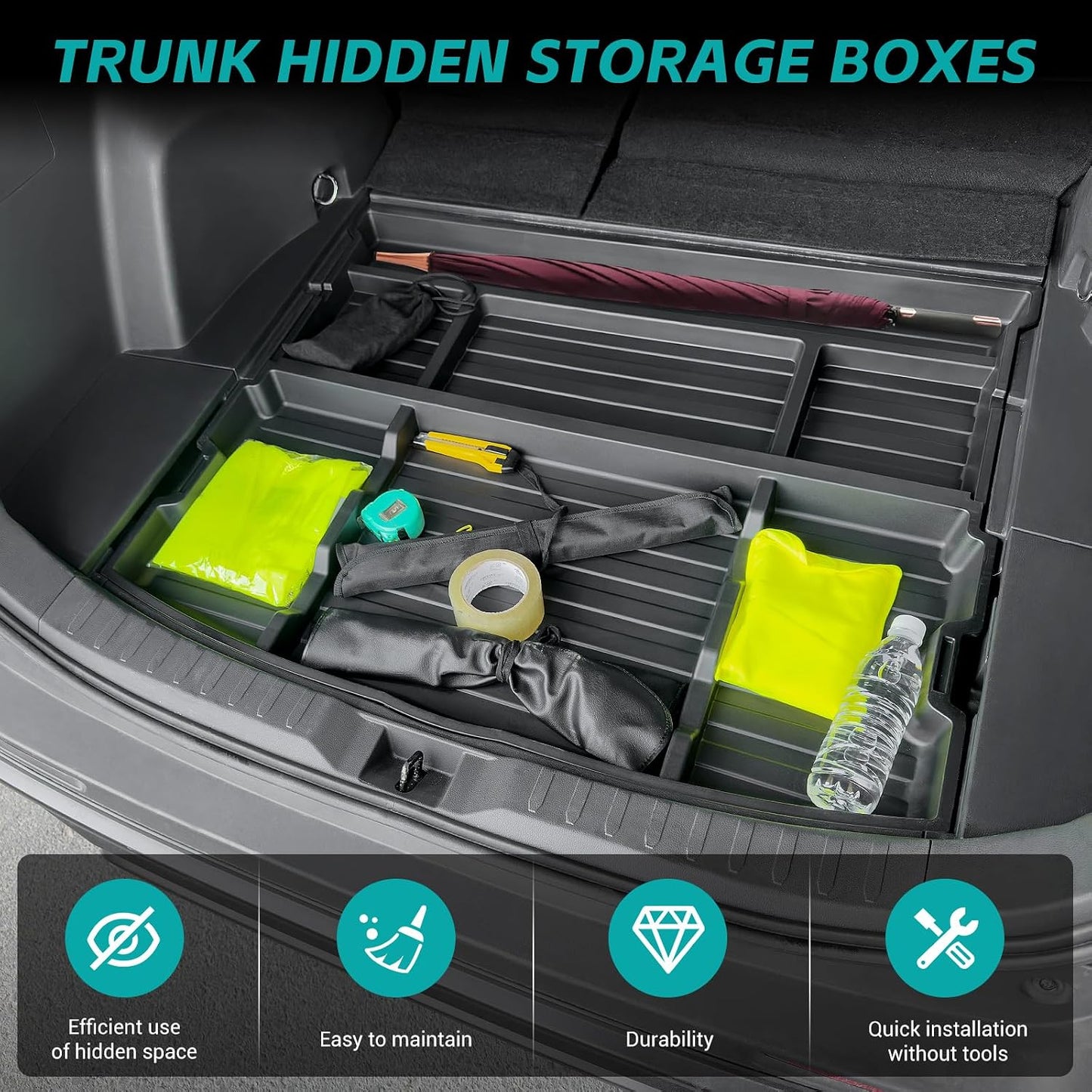 Hidden Trunk Organizer Tray Compatible with 2019-2025 Toyota RAV4 LE XLE XSE Hybrid (Not Prime), Hidden Toolbox Storage Box Fit for RAV4 Trunk Cargo Divider Accessories