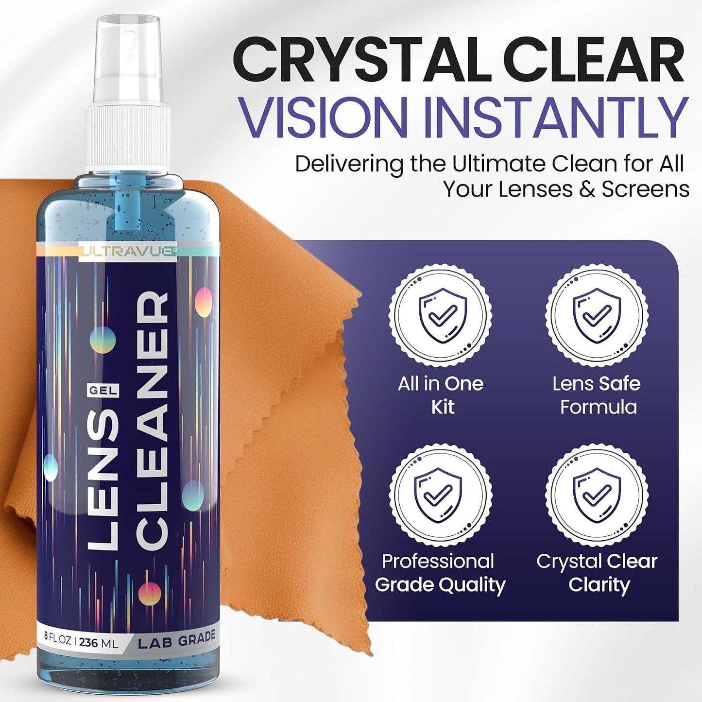 Eyeglass Gel Lens Cleaner Spray Kit - 2 x 8oz and 1 x 2oz Gel Eyeglasses Cleaner Spray Bottle + 2 Microfiber Cloth for Cleaning - Safe for All Lenses (AR Coated Included)