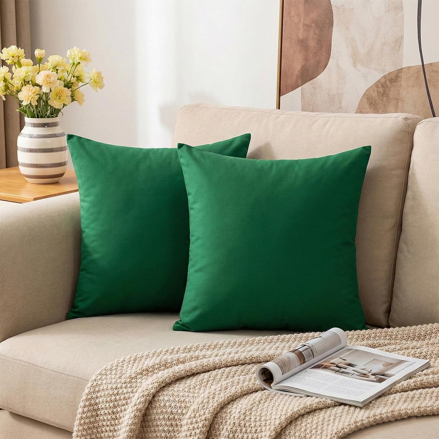Thmyo 4-Pack 100% Cotton Comfortable Solid Decorative Throw Pillow Case Square Cushion Cover Sublimation Blank Pillow Covers DIY Throw Pillowcase for Sofa Couch(20x20inch/50x50cm, Christmas Green)