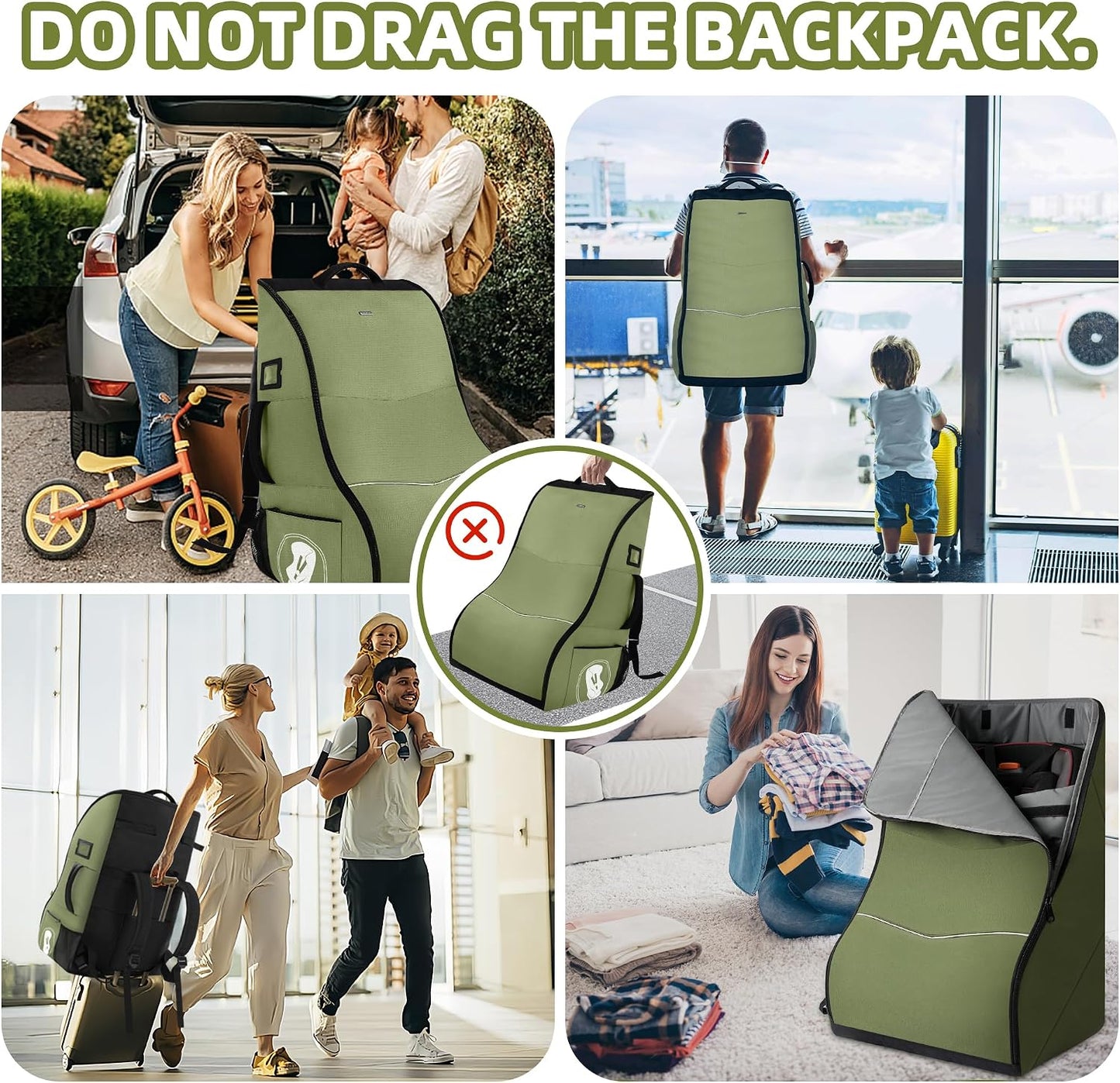 Car Seat Travel Bag for Airplane – Waterproof Heavy Duty Carseat Backpack for Gate Check or Airport Travel – Fits Infant, Convertible & Booster Seats, Army Green