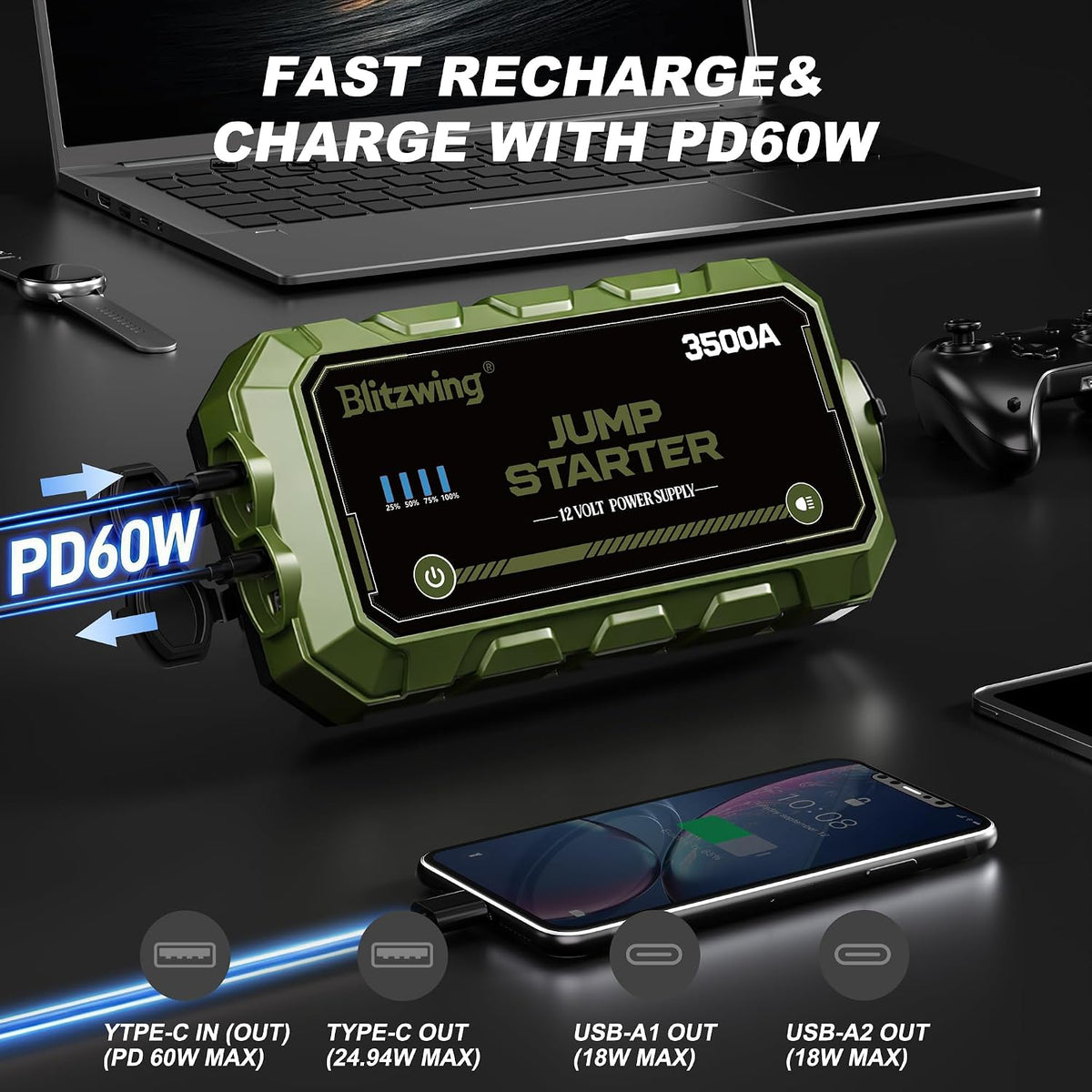 3500A 12V Heavy Duty Jump Starter, Portable Jump Box Jump Pack Battery Booster for Truck RV 10L Gas 6L Diesel, PD60W Two-Way Fast Charge LED Light, 18M Standby Auto Jumper