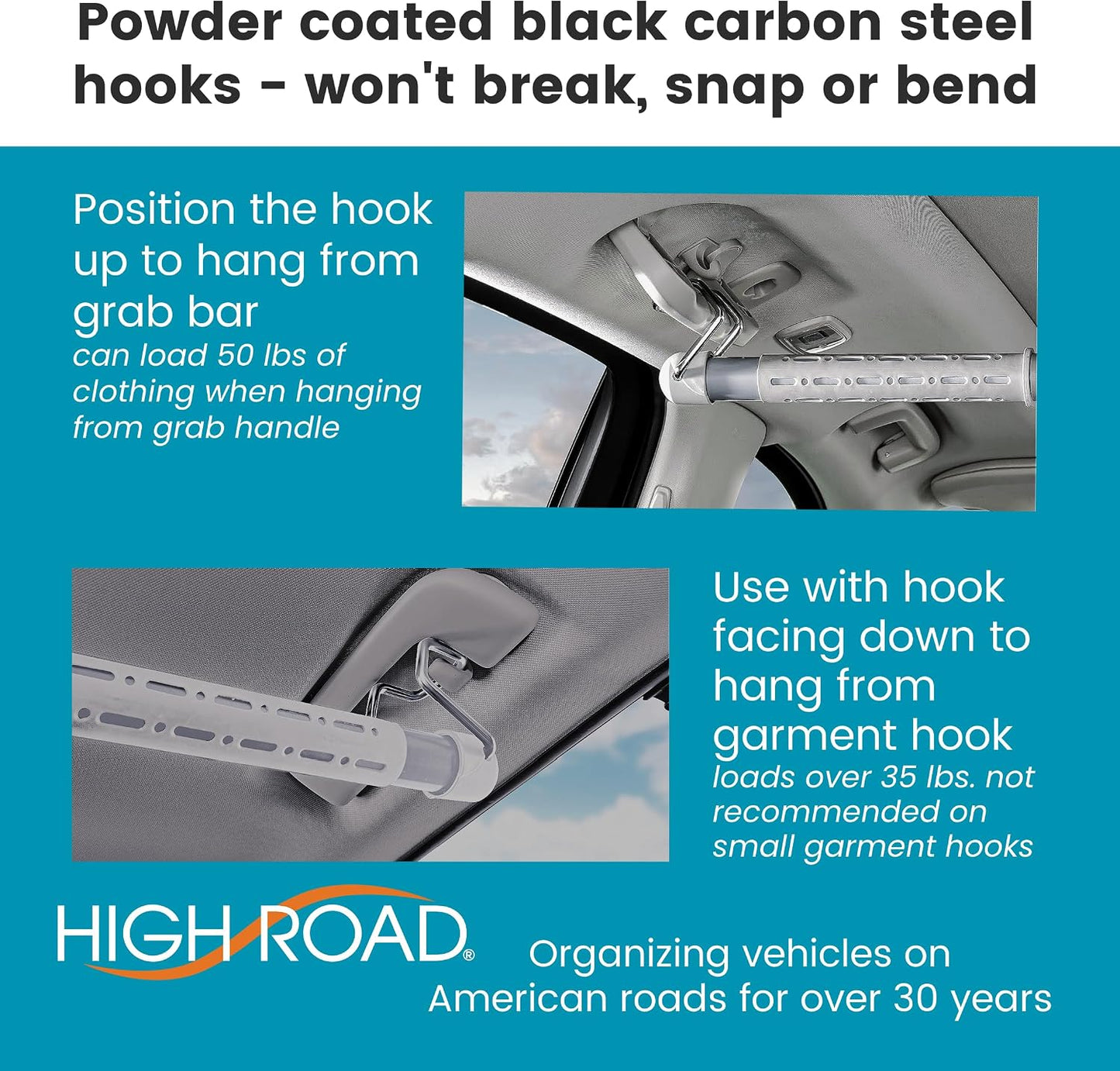 High Road Car Clothes Hanger Bar - Carbon Steel No Assembly Clothes Rod for Car, Truck or Van With Solid Metal Hooks - Fully Assembled Expandable Clothing Bar Slides from 32 To 62" Long