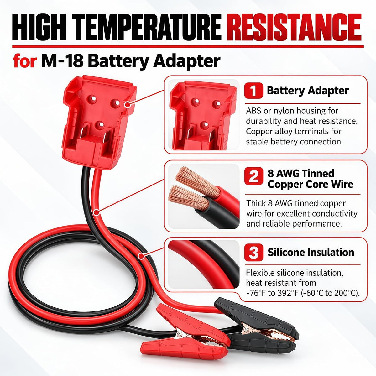 Jumper Cables Adapter for Milwauk*ee 18V Battery with Alligator Clips