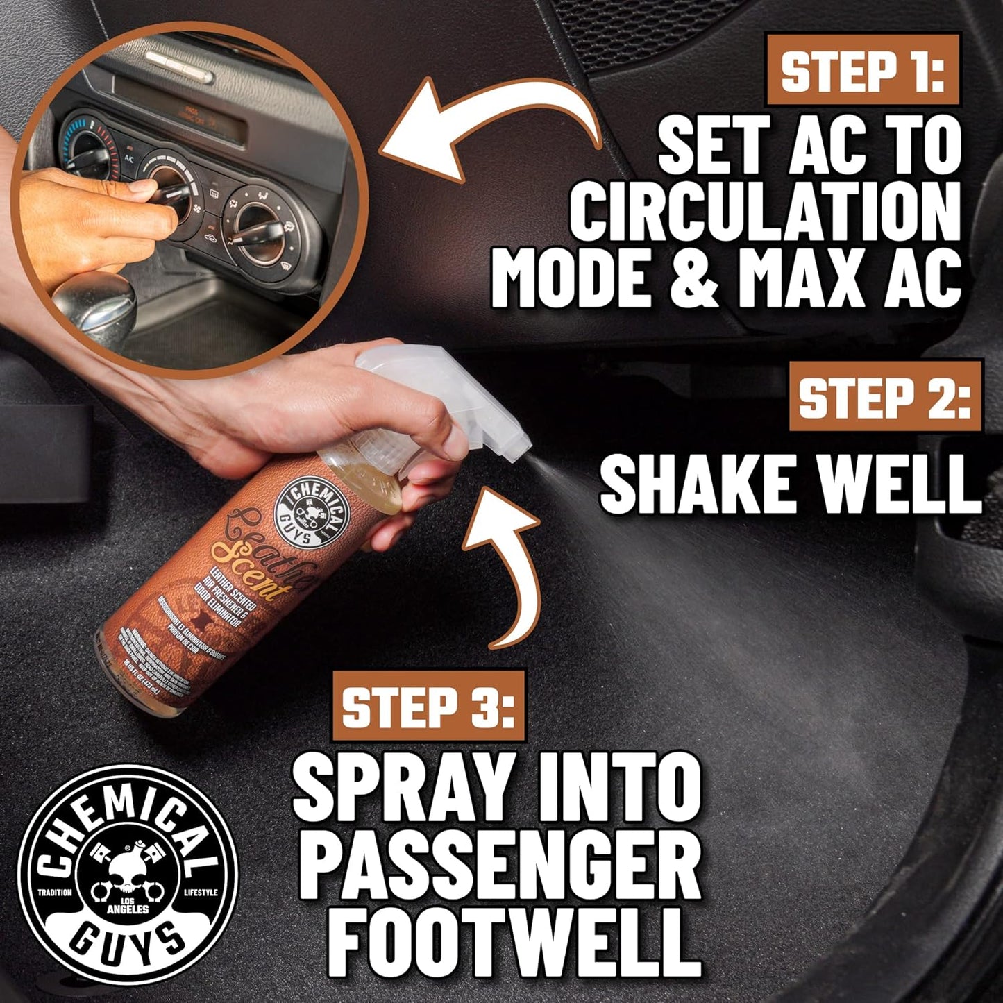 Chemical Guys, Leather Scent Air Freshener & Odor Neutralizer Spray, 16 oz | Rich leather scent refreshes interiors while neutralizing odors, adjustable spray for cars, trucks and SUVs