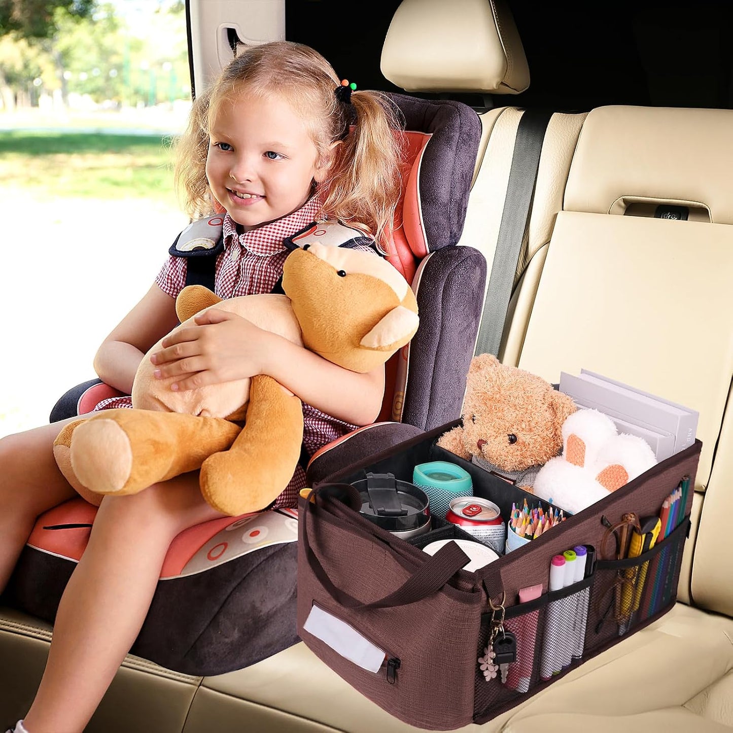 HEYSKAY Car Seat Organizer-Passenger Seat Organizer, Collapsible Small Car Seat Organizer for Console Front/Back, Car Caddy Organizer with 4pc Drink Holders Automotive Backseat Organizer for Kids