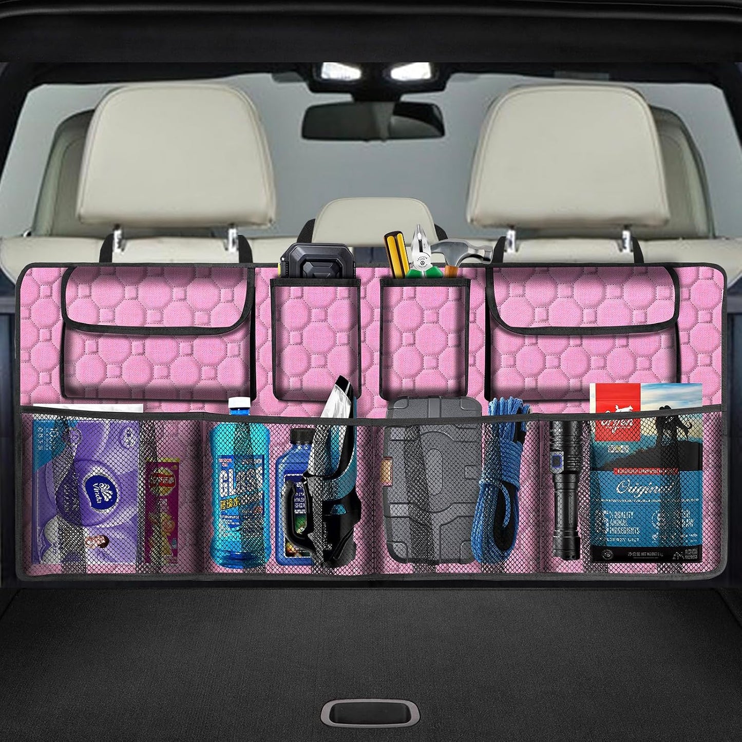Car Trunk Organizer, Super Capacity Backseat Car Organizer for SUV/Truck/MPV(42"*18"), Hanging Car Storage Organizer with 8 Pocekts, Car Accessories for Women and Men- Pink