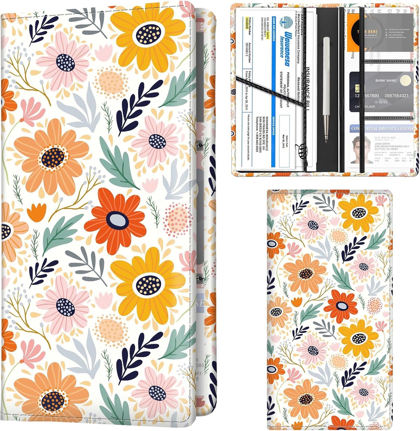 Car Registration and Insurance Holder with Magnetic Shut, Cute Vehicle Glove Box Car Organizer, Premium Interior Car Accessories for Women Men Luxury Boho Flowers