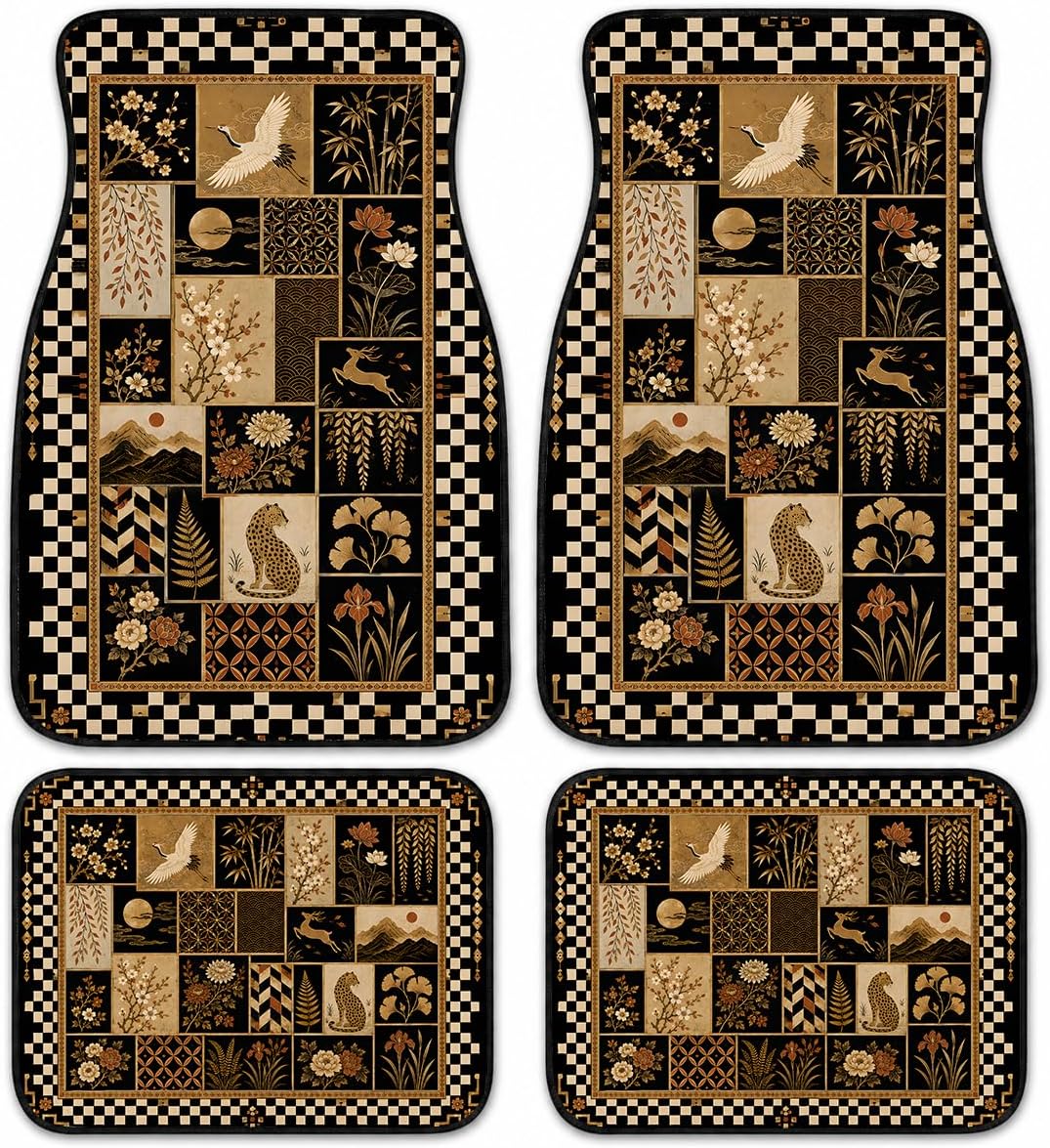 Crane Oriental Patchwork Car Floor Mats 4 Piece Set, Checker Flora Universal Auto Floor Mats for Cars SUVs Trucks, Non-Slip Easy Clean Durable All-Weather Interior Mats