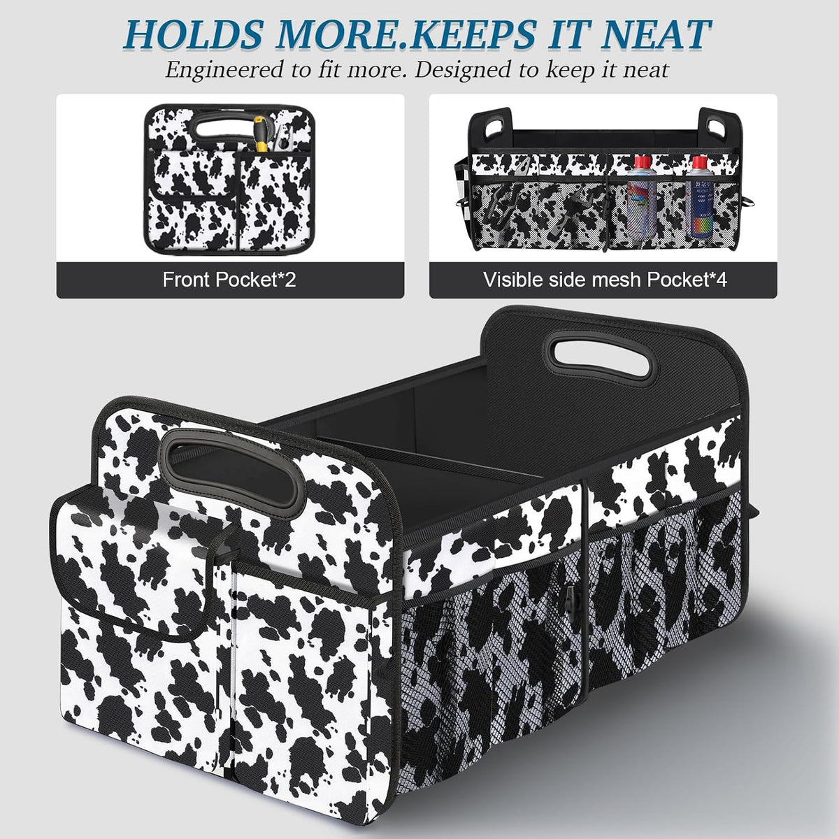 Trunk Organizer, Collapsible Trunk Organizers and Storage, Car Accessories for Women and Men, Multi-Compartment Trunk Storage Organizer for SUV, Car, Mini-Van (Cow Print, Standard)
