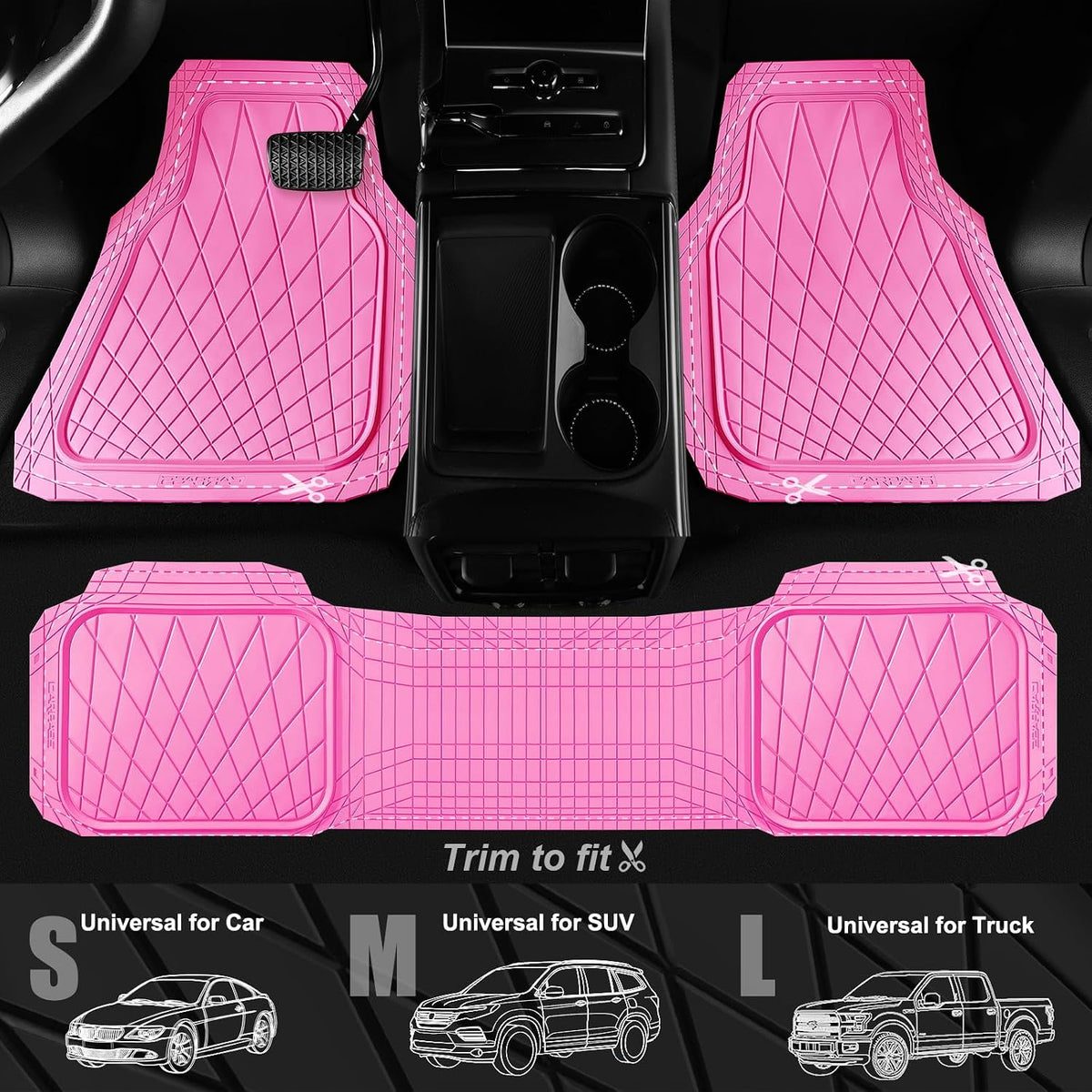 CAR PASS Heavy Duty Rubber Car Floor Mats, Deep Dish All Weather Car Mats Full Set, 3 Piece Waterproof Premium Anti-Slip Floor Mats Rugs Universal Trim to Fit for 95% Sedan SUV Van Truck, Pink
