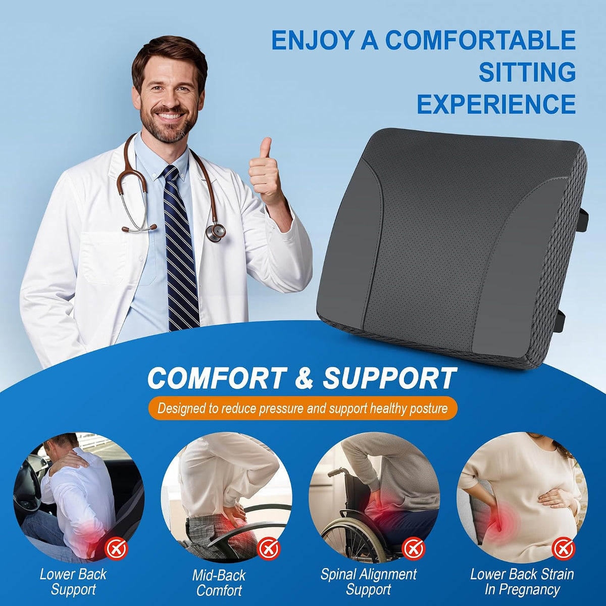 Allaboutsla Lumbar Support Pillow for Car, Car Seat Back Support | Memory Foam Car Lumbar Pillow, Back Support for Pain Relief, Dual Adjustable Straps, Back Cushion for Car Office Chair, Black