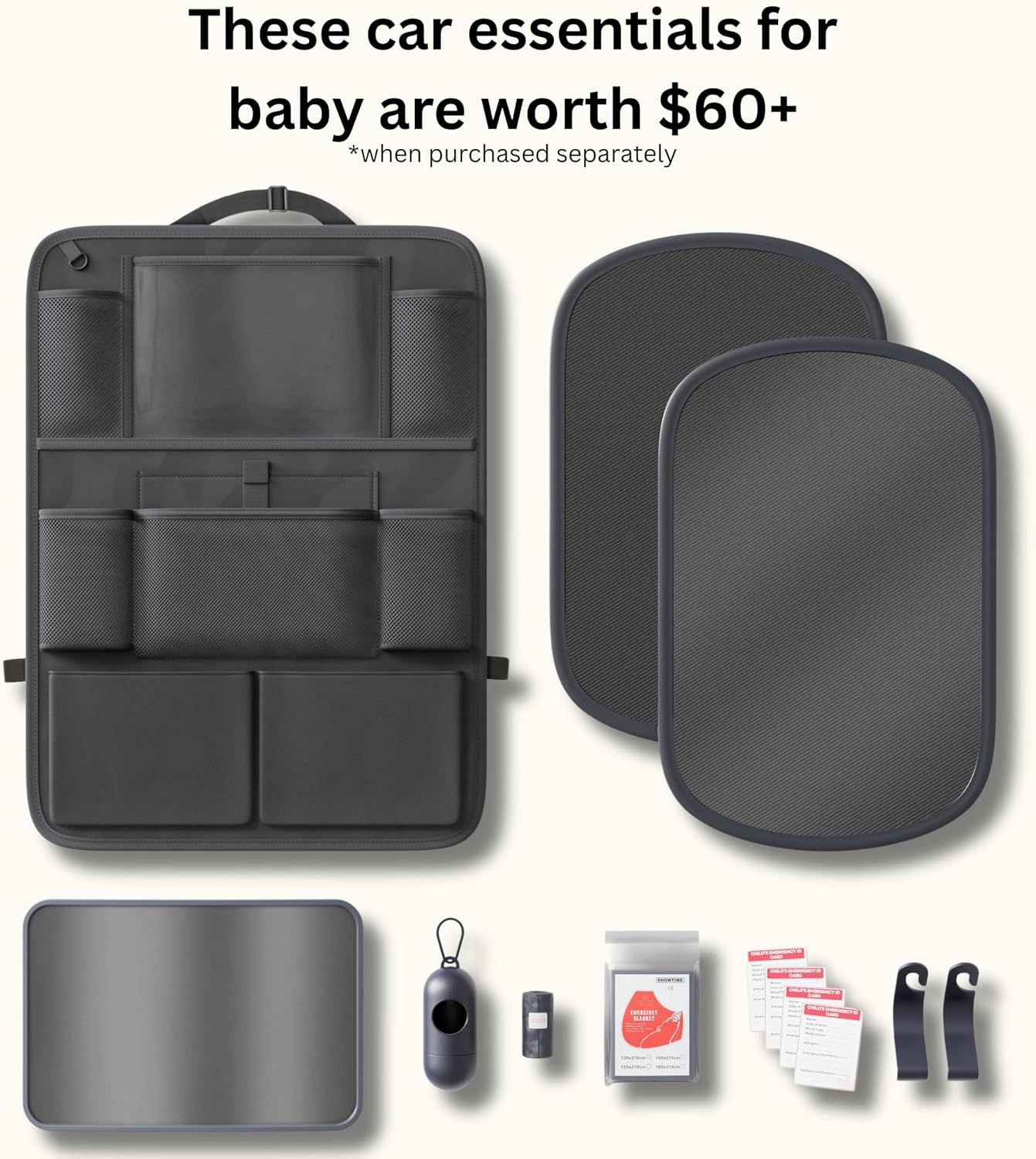 Baby Car Essentials Starter Kit for New Parents w/ 1 Backseat Organizer 2 Window Sun Shades 2 Headrest Hooks 1 Rear Facing CarSeat Mirror – Baby Car Stuff Must Haves & Newborn Essentials