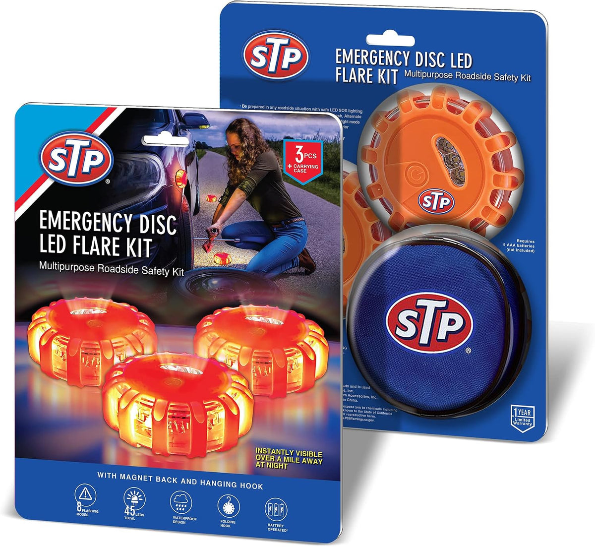 STP Emergency Auto LED Road Flare Discs, 8 Flash Modes/2 Mounting Options, 1 Mile Signal Viability, Includes Carrying Bag, Battery-Powered: Requires 3 AAAS, 3-Pack