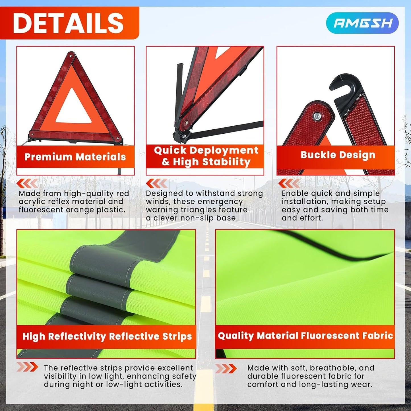 2 Pack Emergency Triangle + 2 Pack Reflective Vest, Foldable Reflective Emergency Triangles Roadside with Reflective Warning Vest, Base Roadside Triangle Kit, Roadside Emergency Car Kit