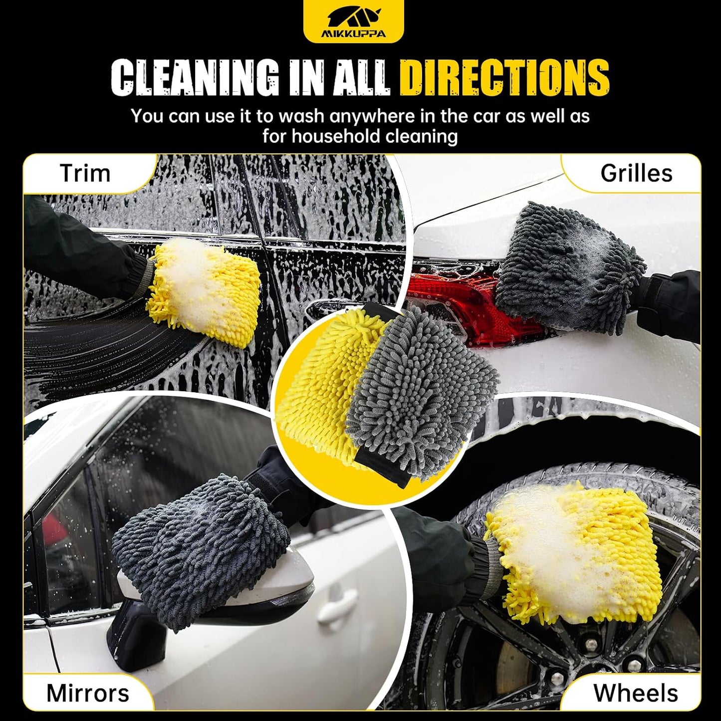 MIKKUPPA Car Trunk Organizer & Car Wash Mitt - 65L Collapsible Black Trunk Organizer with Lid, Yellow & Gray Double-Sided Chenille Scratch Free Mitt with Waterproof Inner